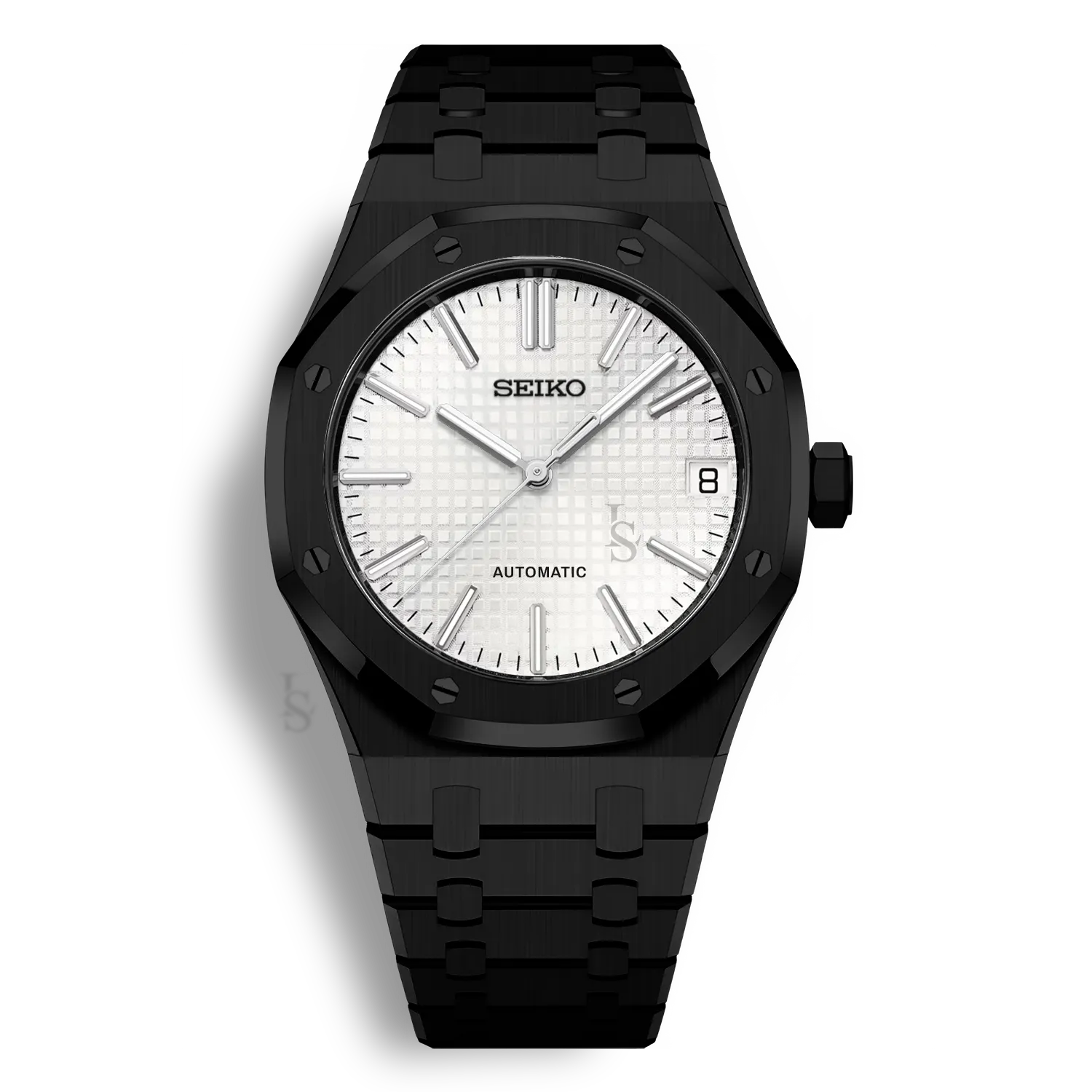 Montre Seiko Mod Royal Oak Noir avec cadran blanc tapisserie équipée du mouvement automatique Seiko NH35 avec un boîtier et bracelet en acier noir inoxydable