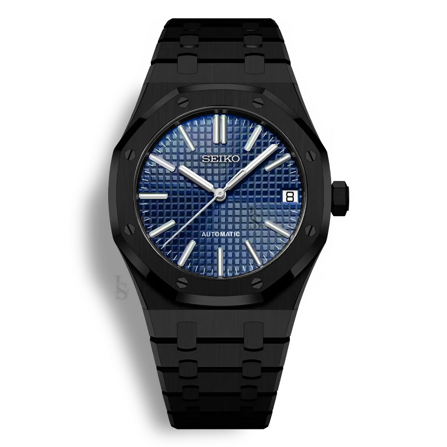 Montre Seiko Mod Royal Oak Noir avec cadran bleu marine équipée du mouvement automatique Seiko NH35 avec un boîtier et bracelet en acier noir inoxydable