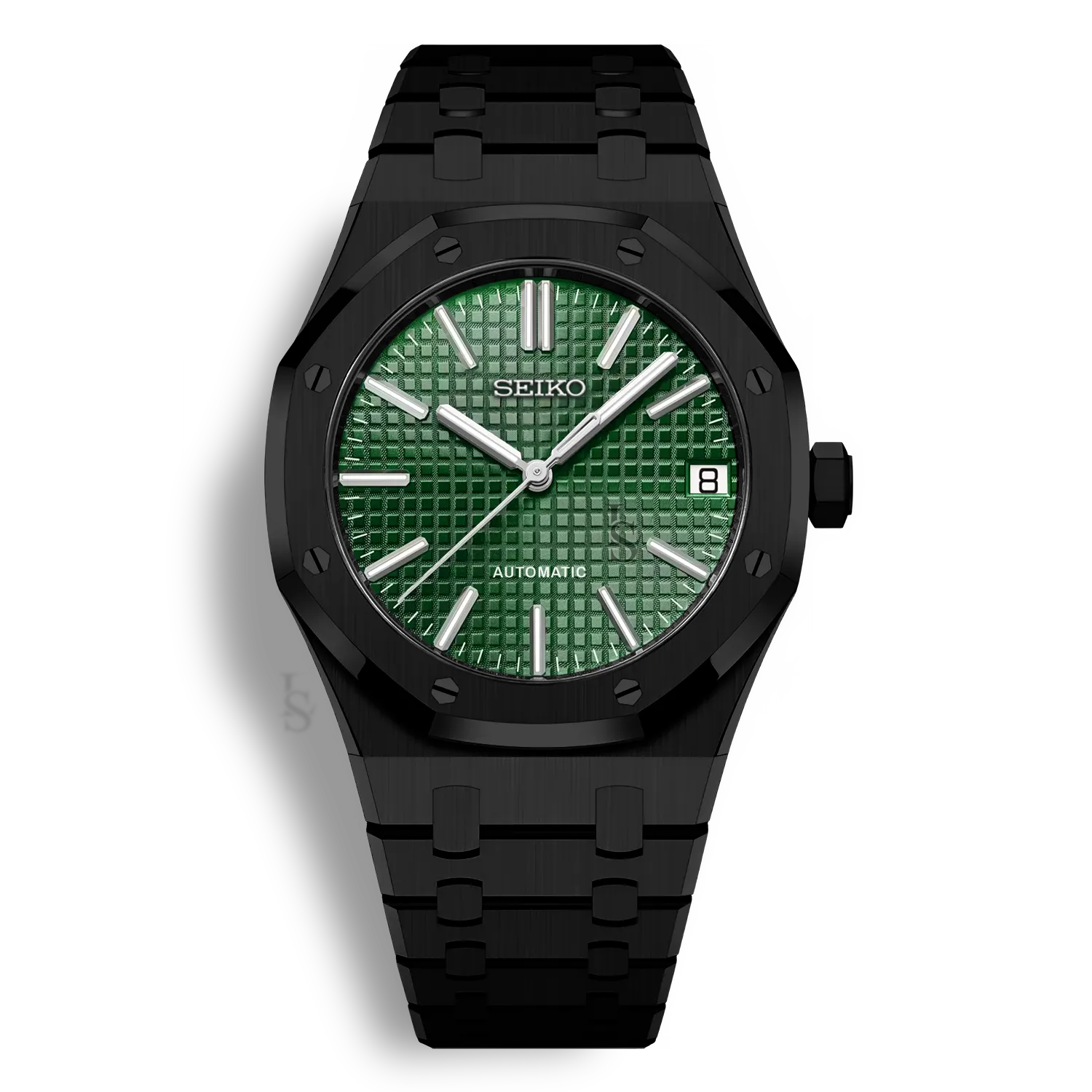 Montre Seiko Mod Royal Oak Noir avec cadran vert équipée du mouvement automatique Seiko NH35 avec un boîtier et bracelet en acier noir inoxydable