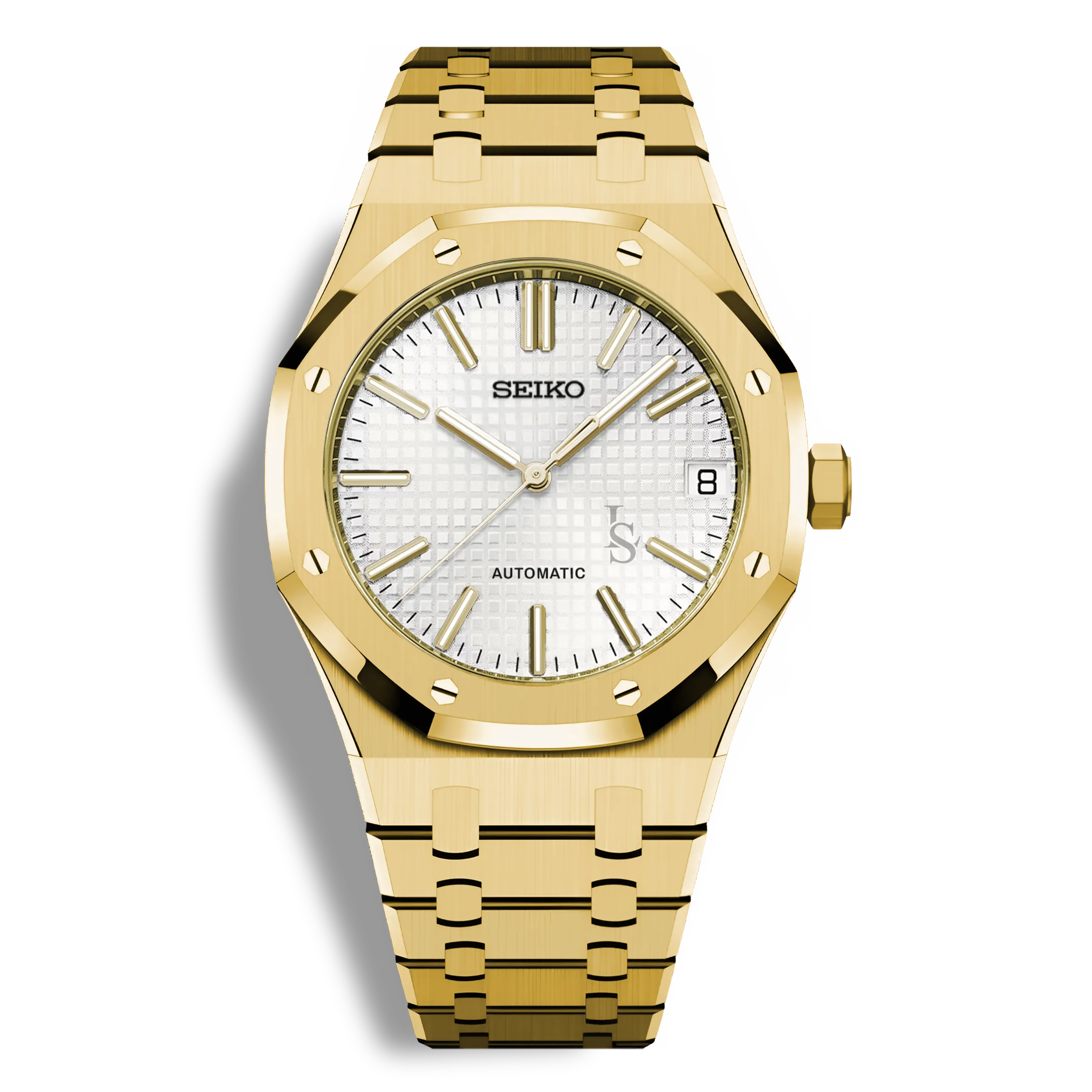 Montre Seiko Mod Royal Oak Or Jaune avec cadran blanc, montre automatique élégante inspirée Audemars Piguet, boîtier acier or rose 41mm, bracelet intégré