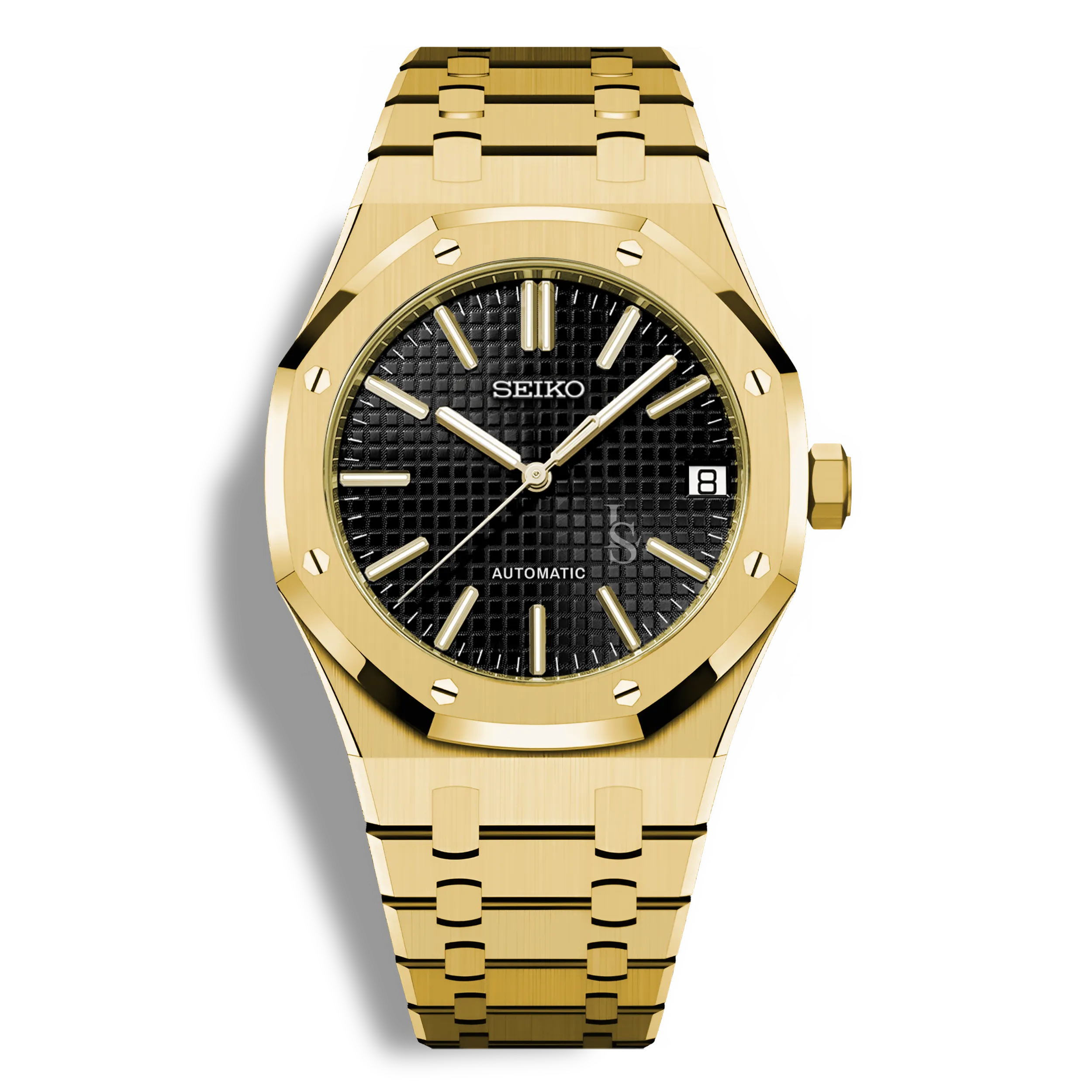 Montre Seiko Mod Royal Oak Or Jaune avec cadran Noir, montre automatique au mouvement Seiko NH35, boîtier acier or rose 41mm, bracelet intégré