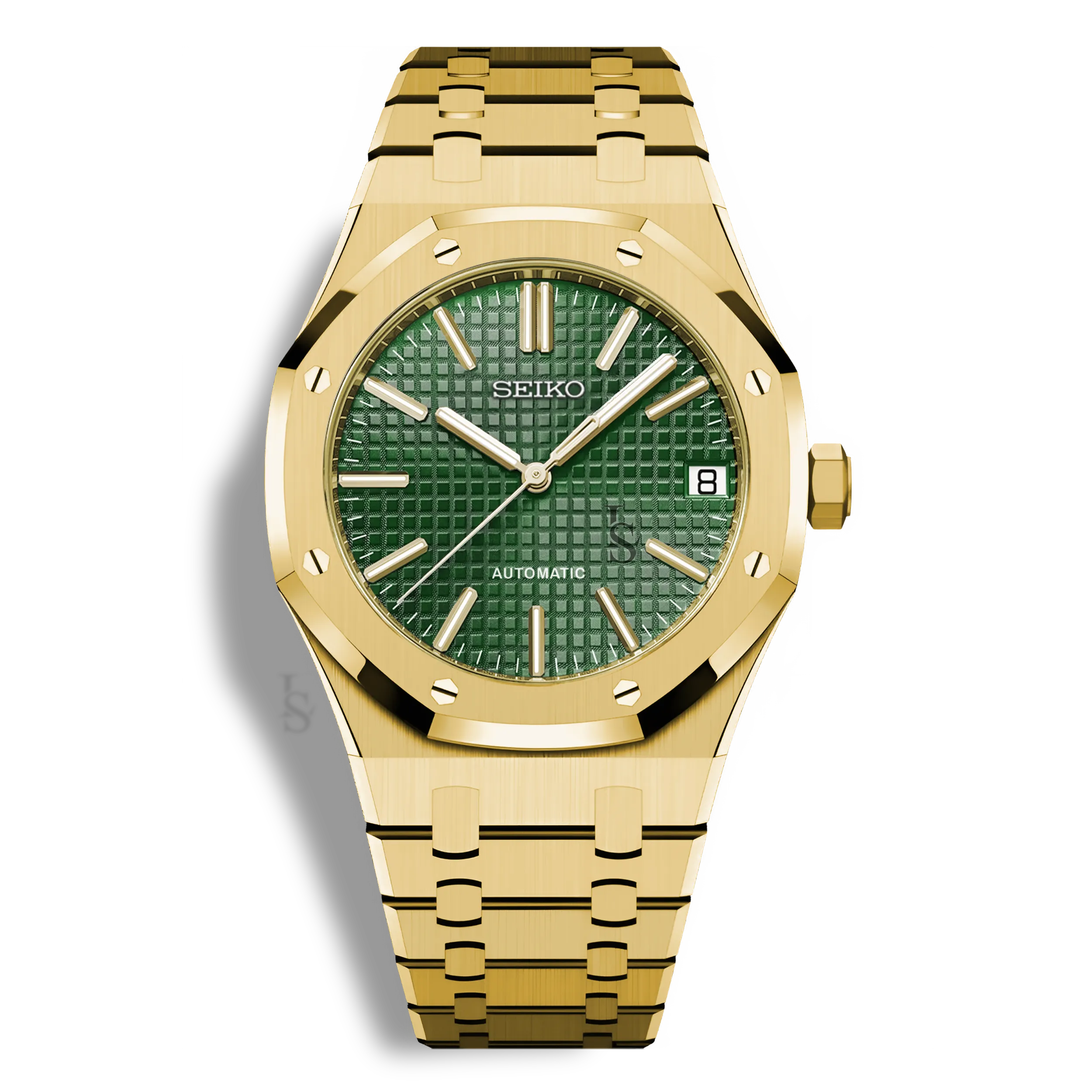 Montre Seiko Mod Royal Oak Or Jaune avec cadran vert, montre automatique au mouvement Seiko NH35, boîtier acier or rose 41mm, bracelet intégré