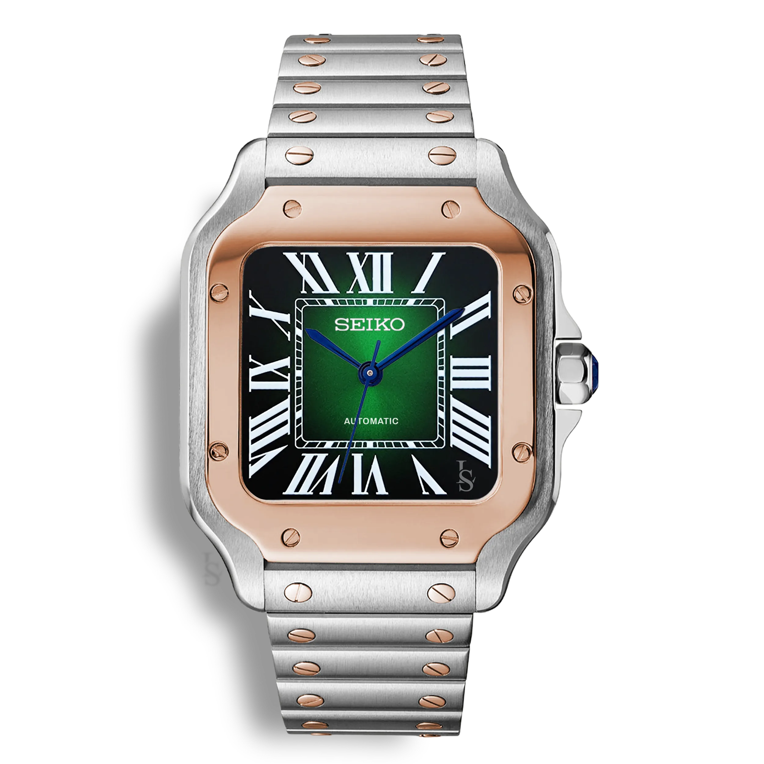 Montre Seiko Mod Santos acier et rosegold avec cadran vert en acier inoxydable 316L et mouvement automatique Seiko NH35, verre saphir