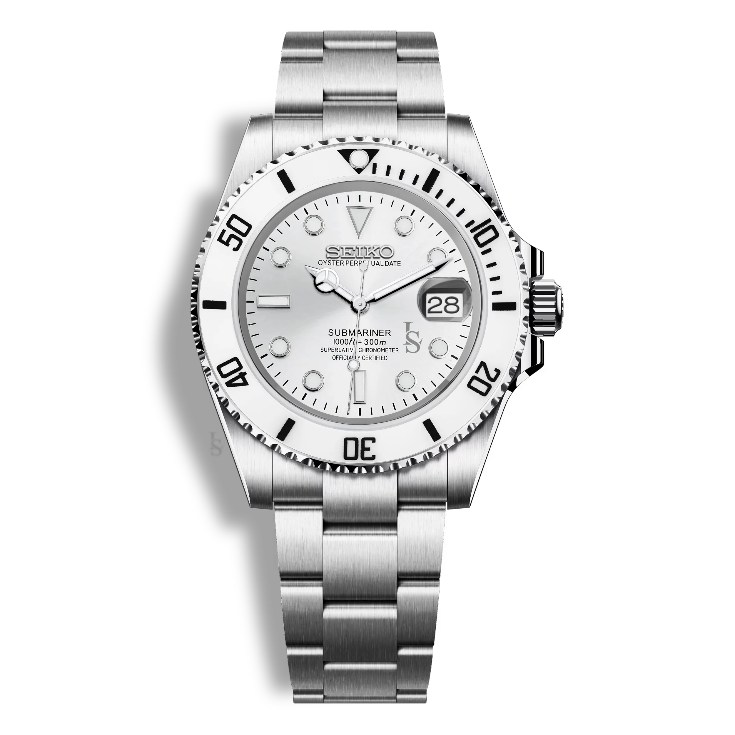Montre Seiko Mod Submariner blanche avec verre saphir, fond de boîtier transparent et boîtier en acier inoxydable 316L