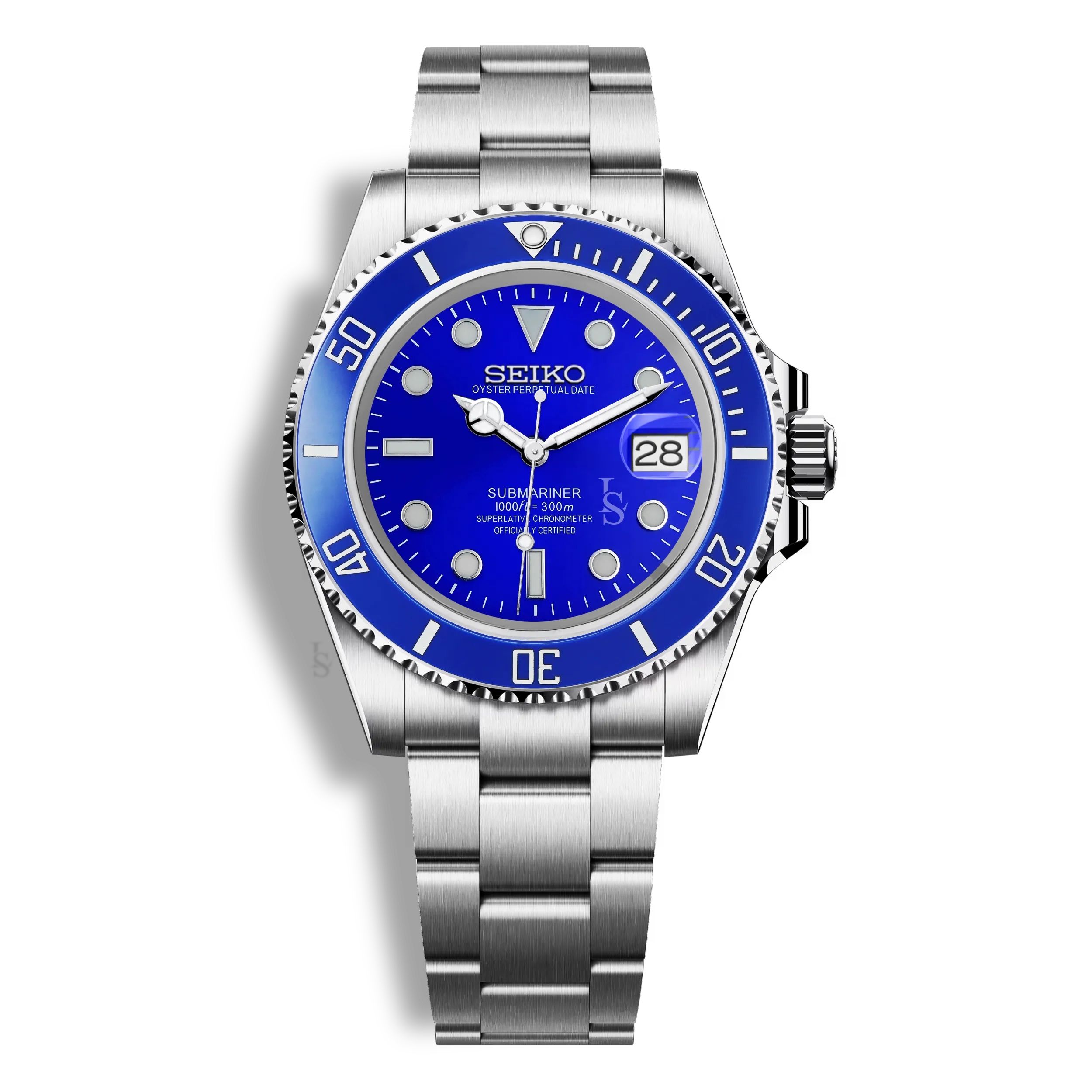 Montre Seiko Mod Submariner bleue équipée d’un verre saphir inrayable, cadran lumineux et fond de boîtier transparent