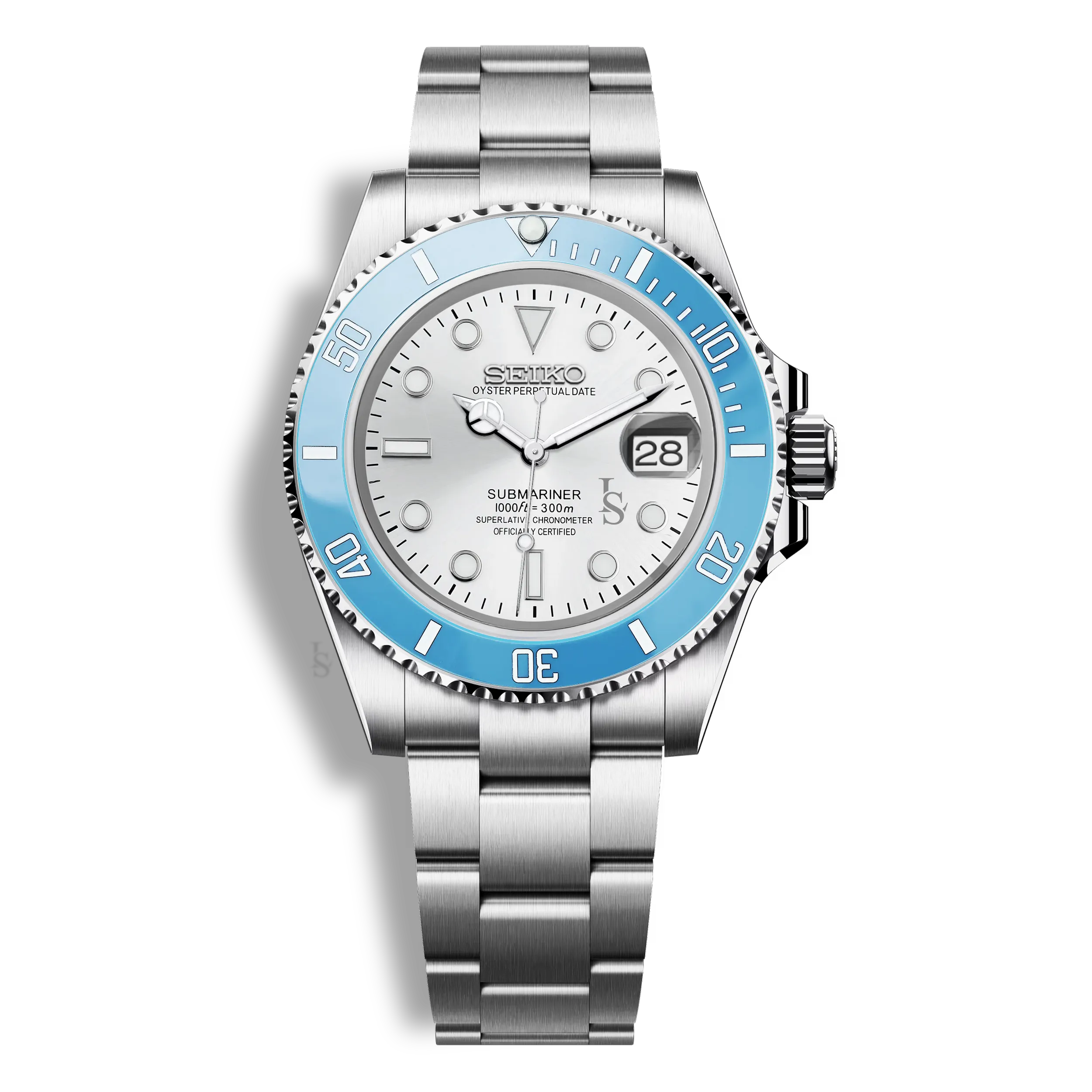 Montre Seiko Mod Submariner lunette bleue clair et cadran blanc, cadran lumineux et mouvement automatique Seiko NH35