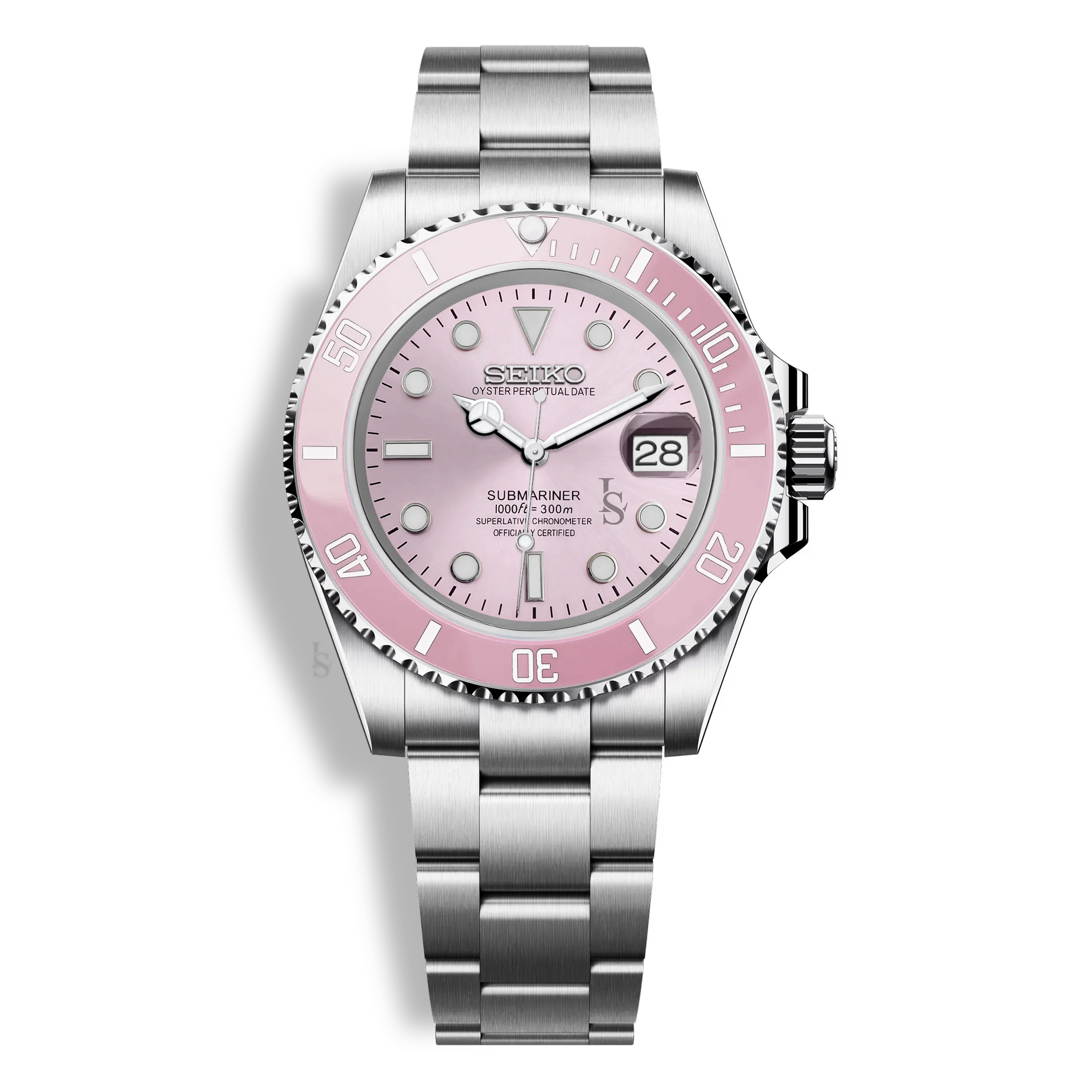 Montre Seiko Mod Submariner rose avec boîtier en acier inoxydable 316L, cadran luminescent, verre saphir et mouvement automatique Seiko NH35