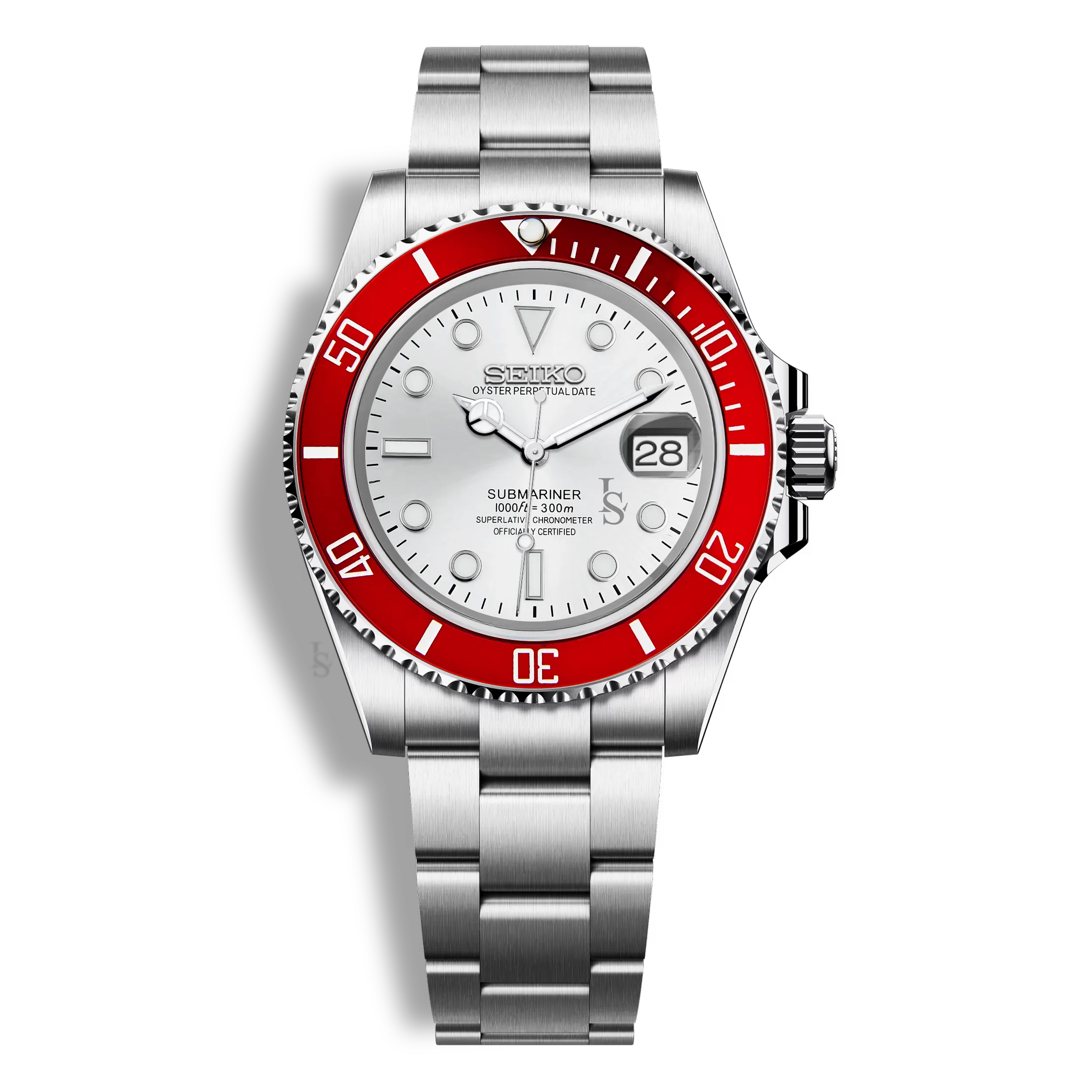 Montre Seiko Mod Submariner lunette rouge avec boîtier en acier inoxydable 316L, verre saphir inrayable et mouvement automatique Seiko NH35