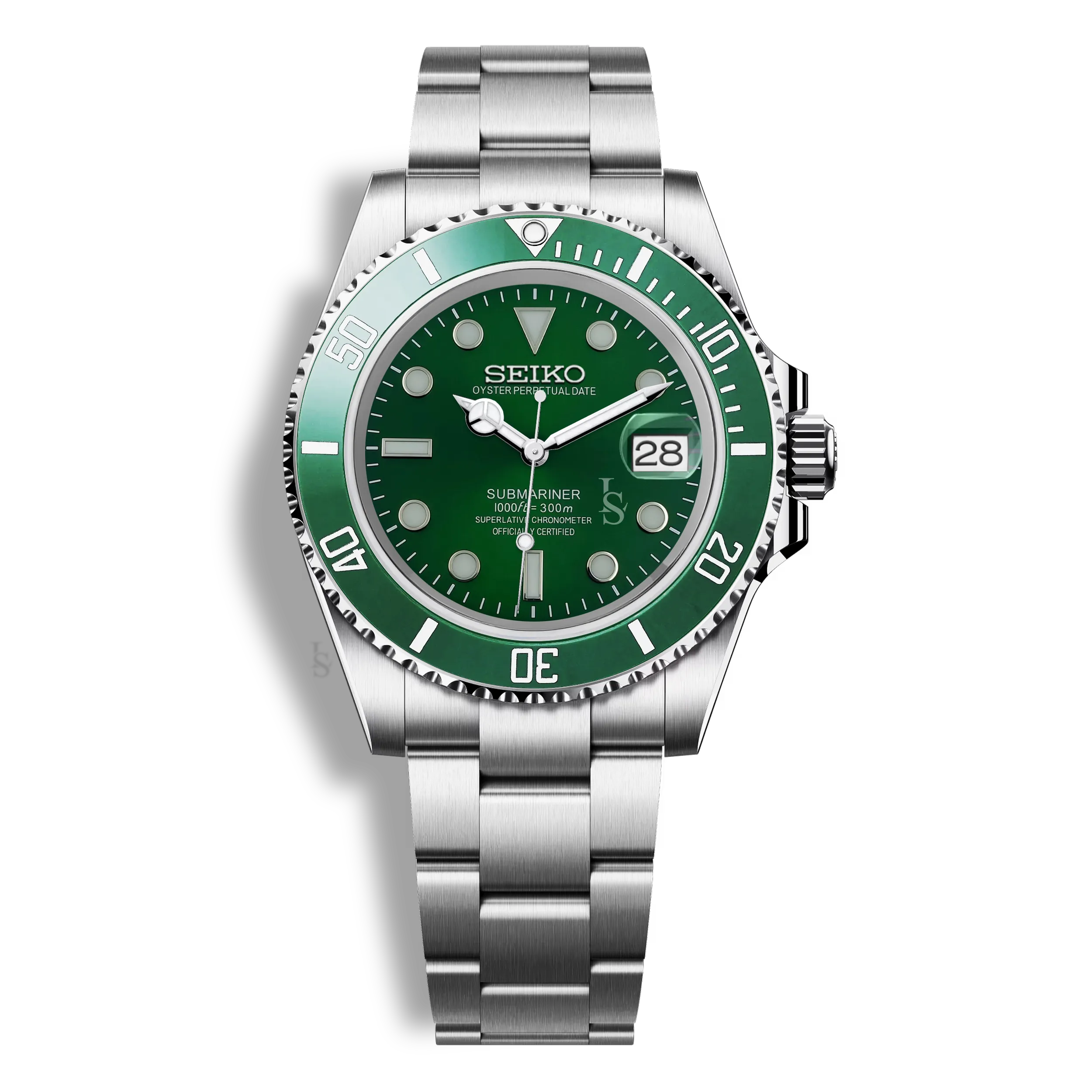 Montre Seiko Mod Submariner verte avec lunette tournante, cadran luminescent et mouvement automatique Seiko NH35