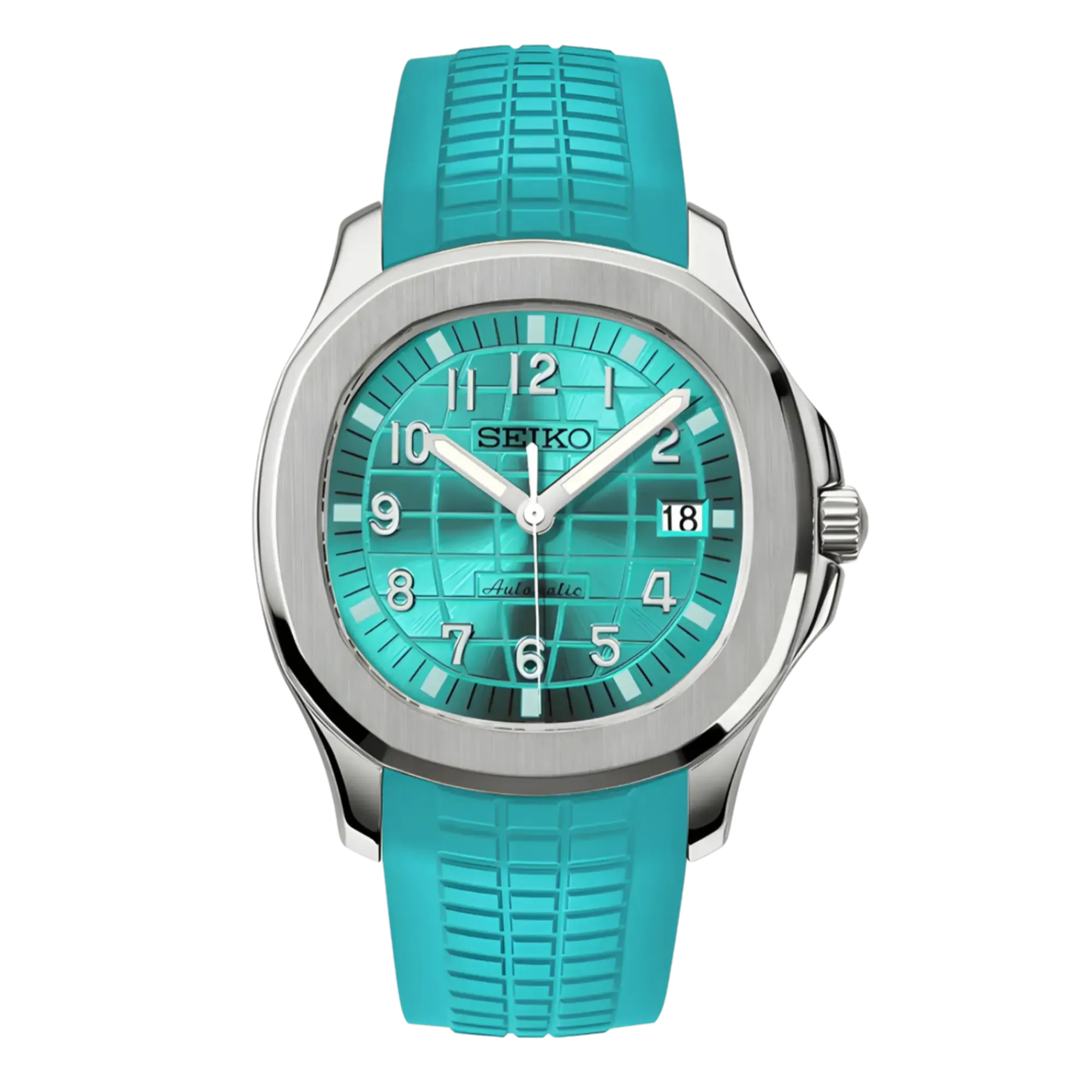 Montre Seiko Mod Aquanaut Bleu Tiffany équipée du mouvement automatique Seiko NH35, dotée d’un cadran bleu Tiffany lumineux à motif structuré et d’un bracelet caoutchouc bleu assorti, inspirée d’un design horloger emblématique.