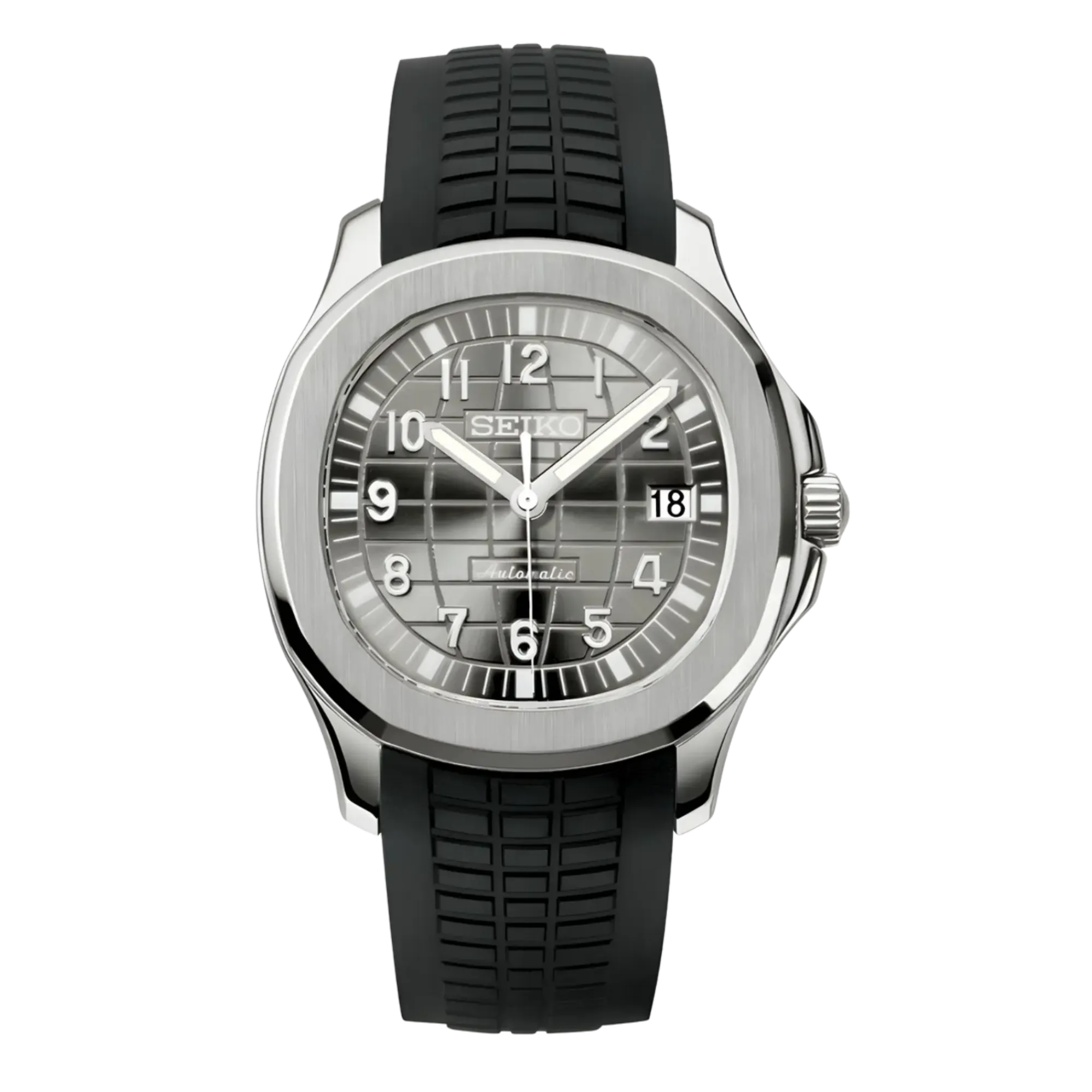 Montre Seiko Mod Aquanaut gris Argent équipée du mouvement automatique Seiko NH35, avec un boîtier acier et un cadran gris texturé, montée sur un bracelet caoutchouc gris assorti, pour un look monochrome moderne et équilibré.