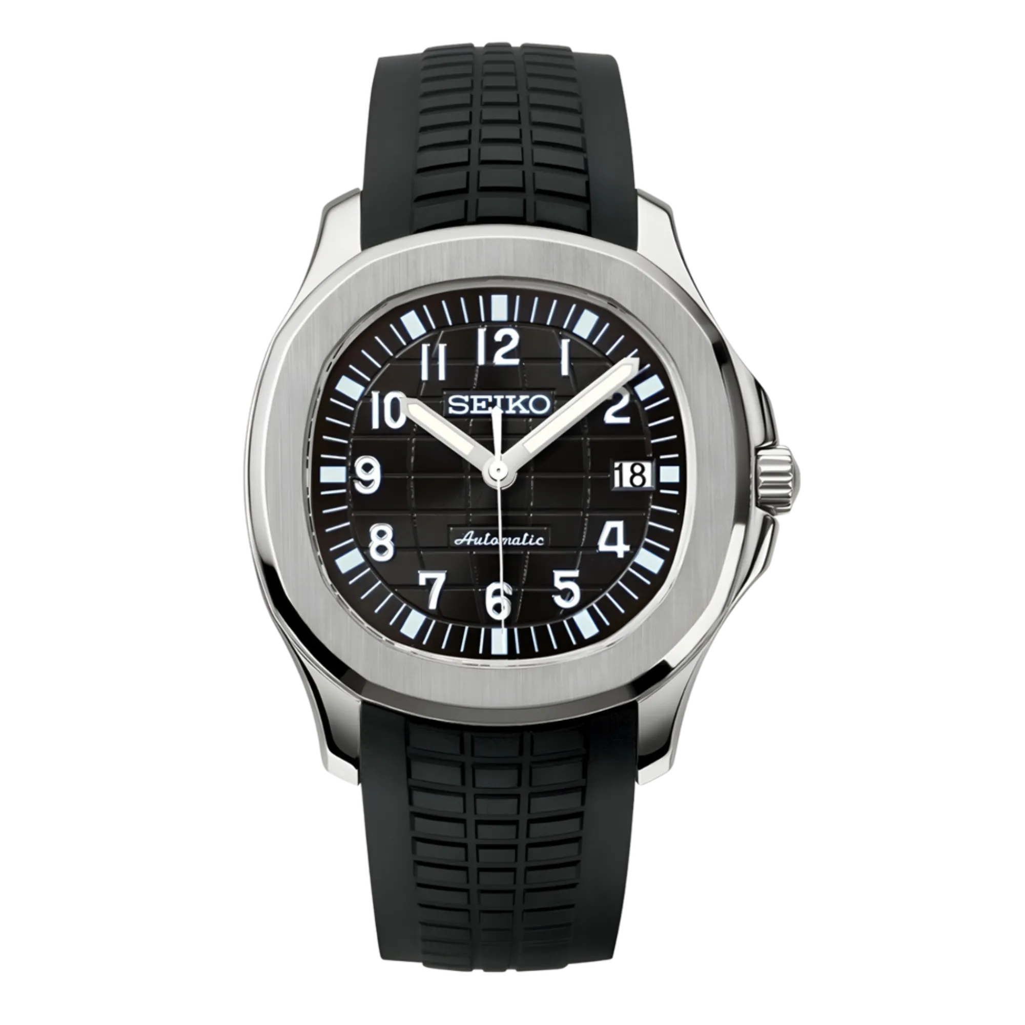 Montre Seiko Mod Aquanaut Noir équipée du mouvement automatique Seiko NH35, avec un cadran noir texturé à motif quadrillé et un bracelet en caoutchouc noir, pour une allure sobre, technique et contemporaine.