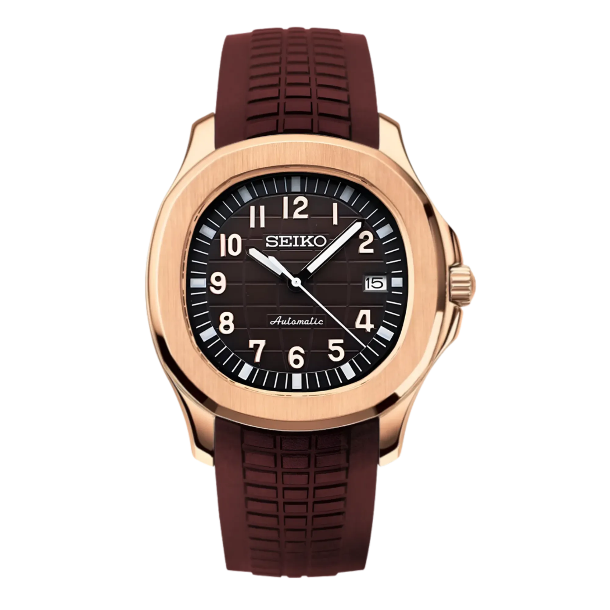 Montre Seiko Mod Aquanaut Or Rose équipée du mouvement automatique Seiko NH35, avec un cadran marron texturé, un boîtier en or rose et un bracelet en caoutchouc marron assorti pour une esthétique chaleureuse et élégante.