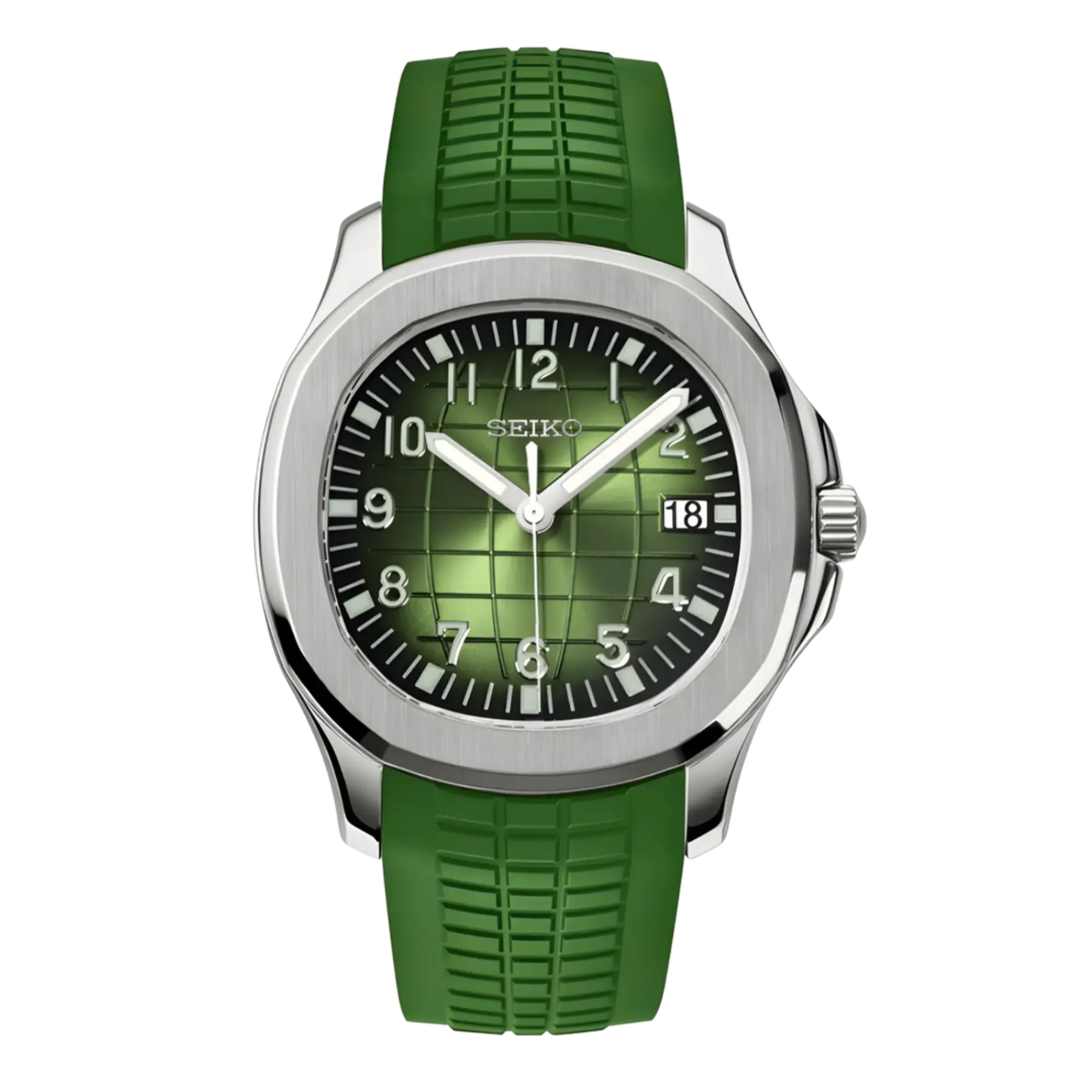 Montre Seiko Mod Aquanaut Vert équipée du mouvement automatique Seiko NH35, avec un cadran vert forêt texturé et un bracelet en caoutchouc vert foncé, offrant une allure raffinée et contemporaine.