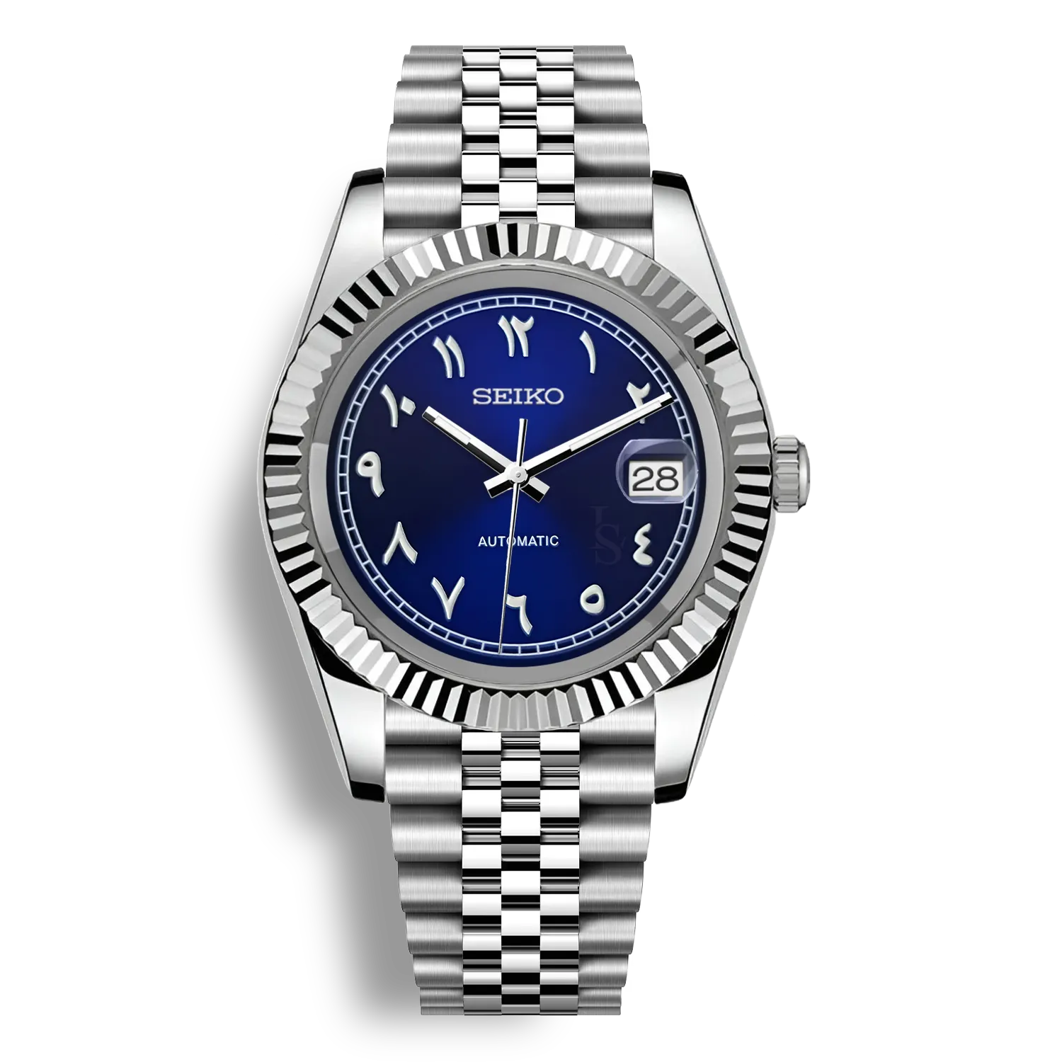 SeikoMod Arabic Dial Bleu Heritage – Montre automatique équipée du mouvement NH35 avec un cadran bleu profond à chiffres arabes et bracelet et boitier datejust en acier robuste