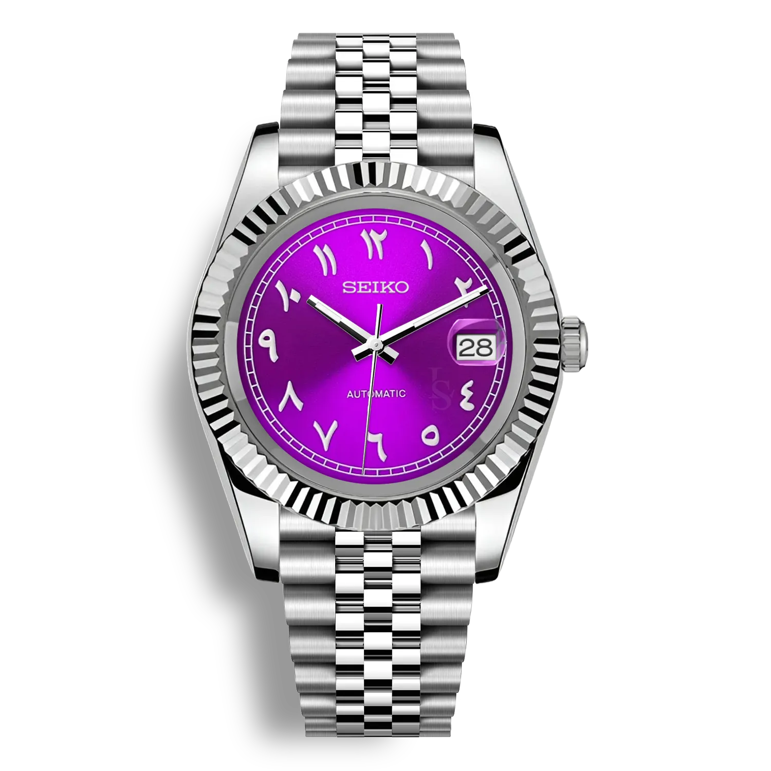 SeikoMod Arabic Dial Magenta Heritage – Montre automatique équipée du mouvement NH35 avec un cadran magenta iconique à chiffres arabes et bracelet et boitier datejust en acier robuste
