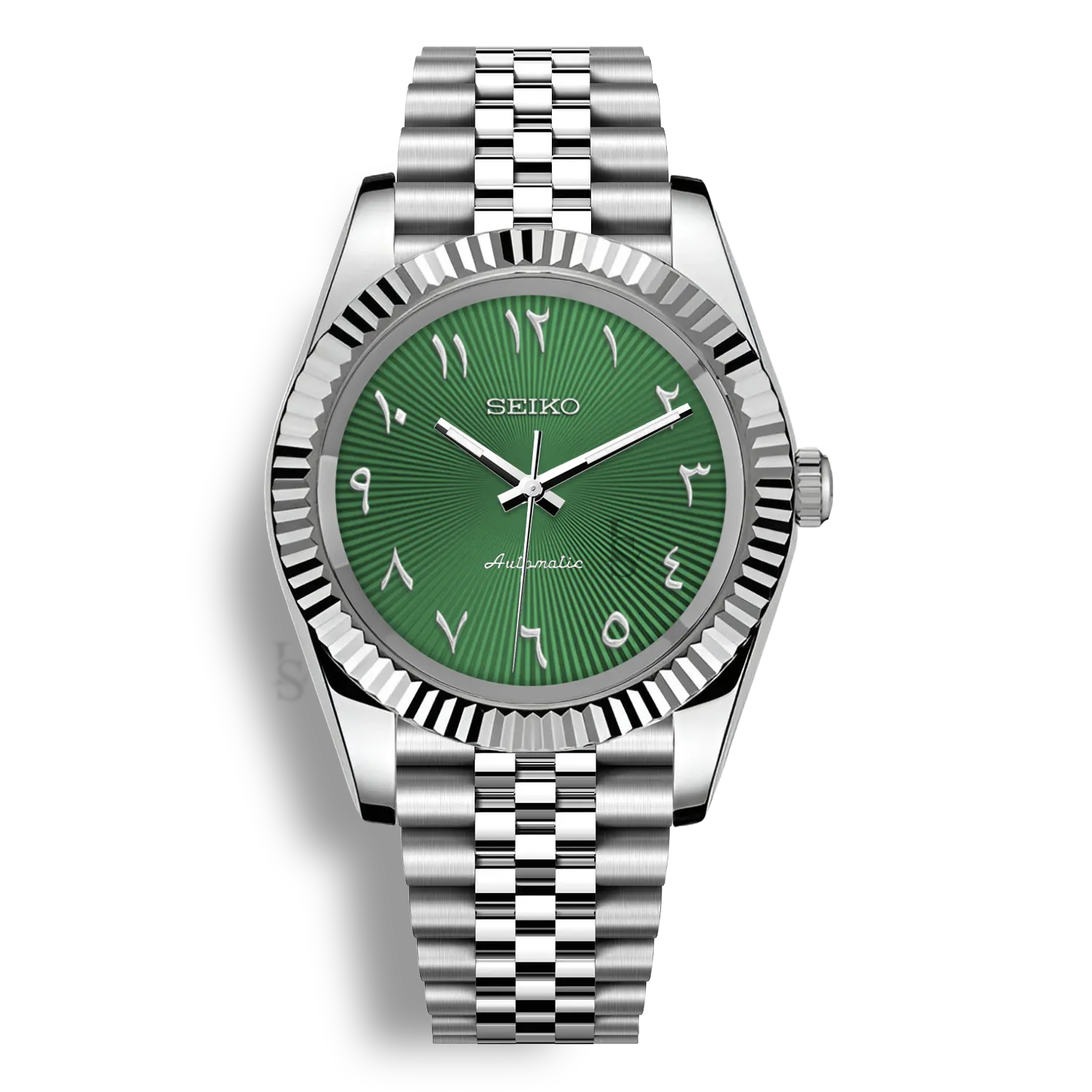 Montre Seiko Mod Arabic Dial Vert équipée du mouvement automatique Seiko NH35 avec un cadran vert tropical à chiffres arabes et bracelet et boitier en acier inoxydable