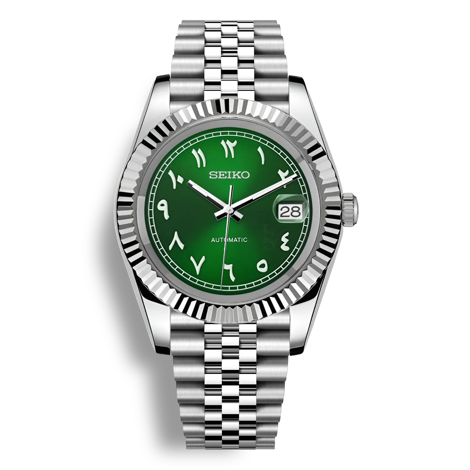 SeikoMod Arabic Dial Vert Heritage – Montre automatique équipée du mouvement NH35 avec un cadran vert tropical à chiffres arabes et bracelet et boitier datejust en acier