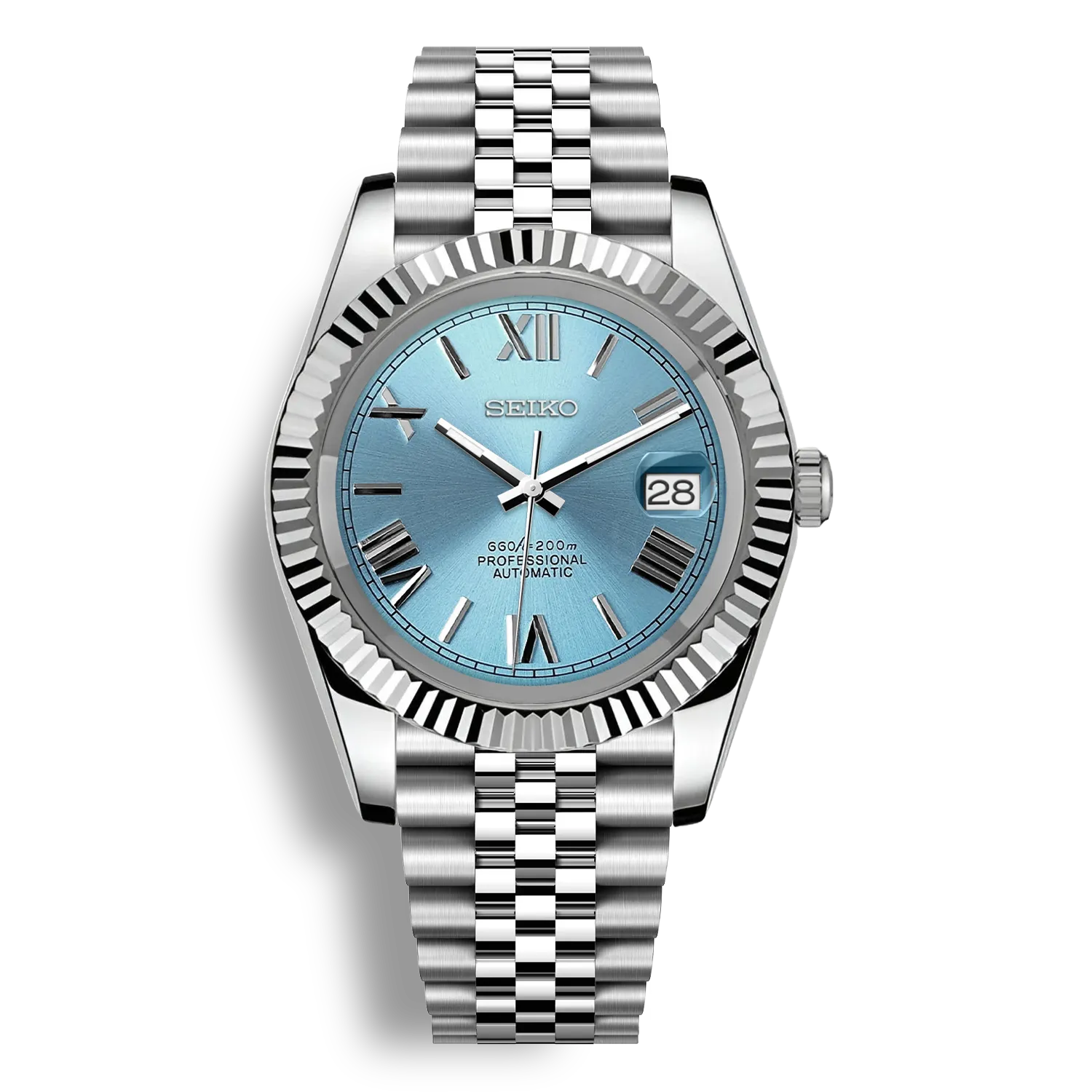 Montre SeikoMod Datejust cadran bleu clair avec chiffres romains et bracelet jubilé équipée d'un mouvement automatique