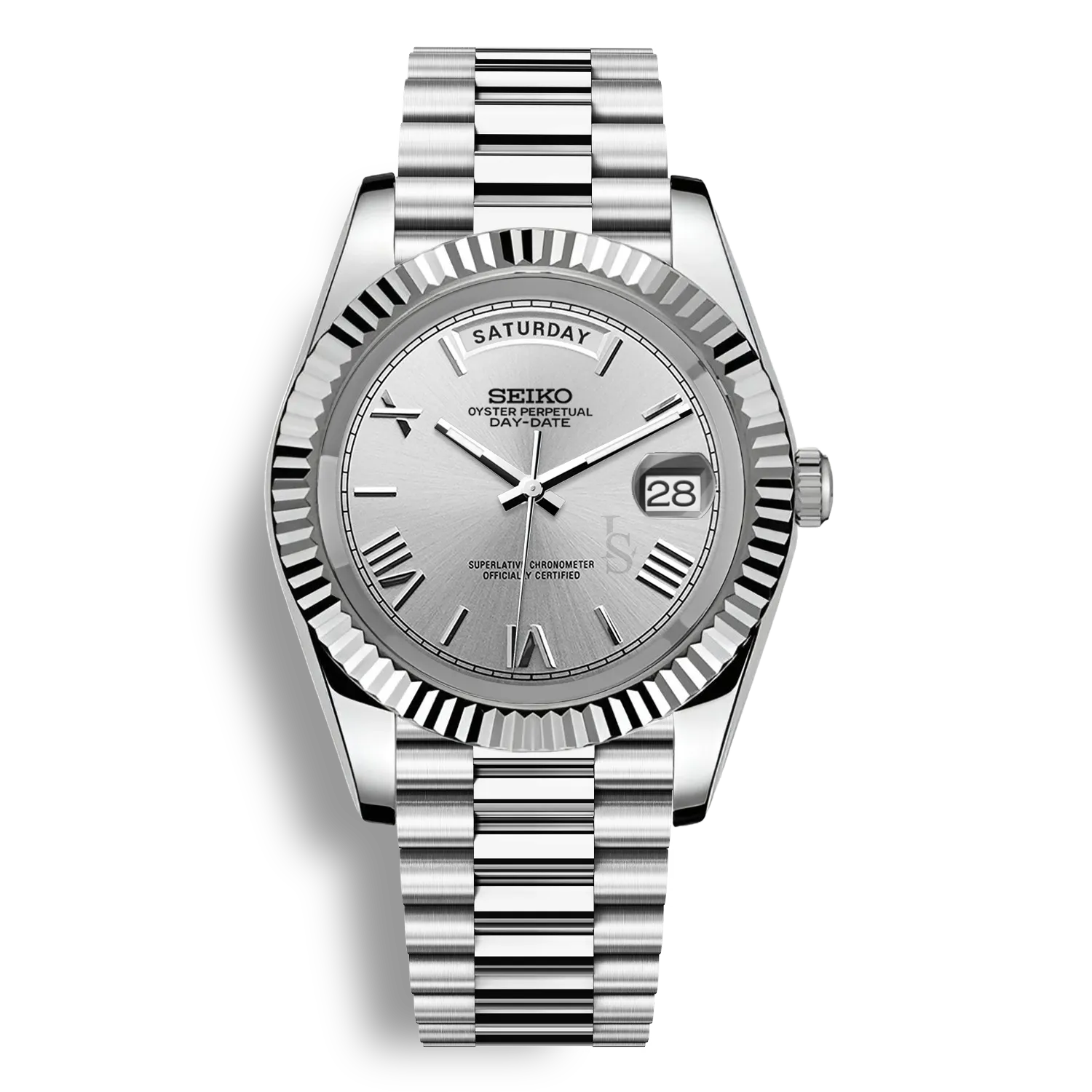 Montre SeikoMod Day Date cadran couleur argent affichant le nom du jour avec bracelet président en acier et mouvement automatique miyota 8285