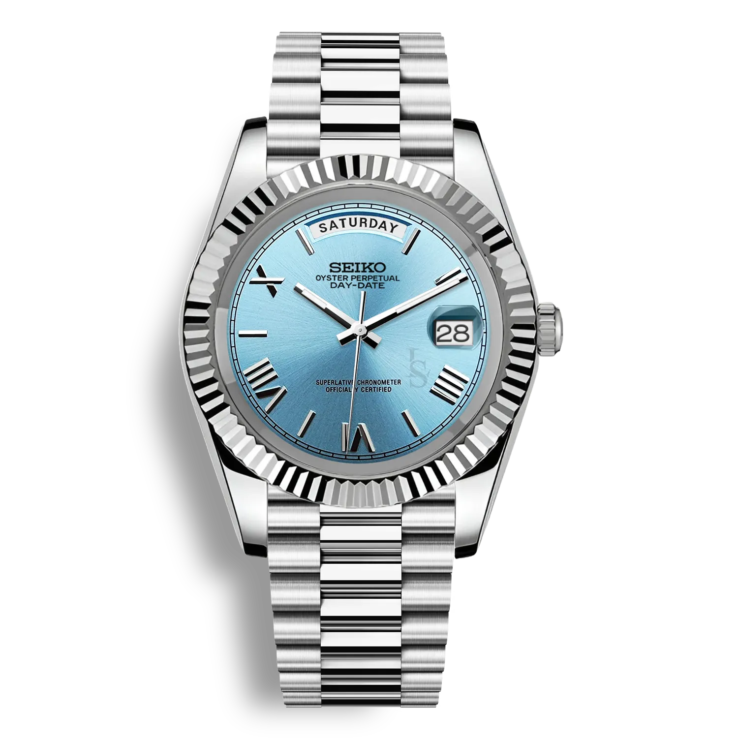 Montre SeikoMod Day Date cadran couleur bleu ciel affichant le nom du jour avec bracelet président en acier et mouvement automatique miyota 8285