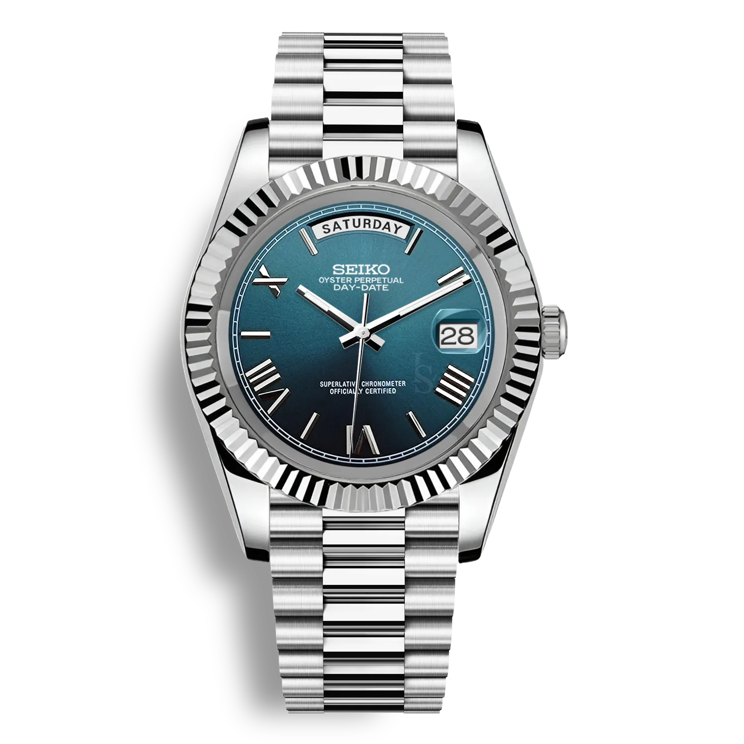 Montre SeikoMod Day Date cadran couleur cyan affichant le nom du jour avec bracelet président en acier et mouvement automatique miyota 8285