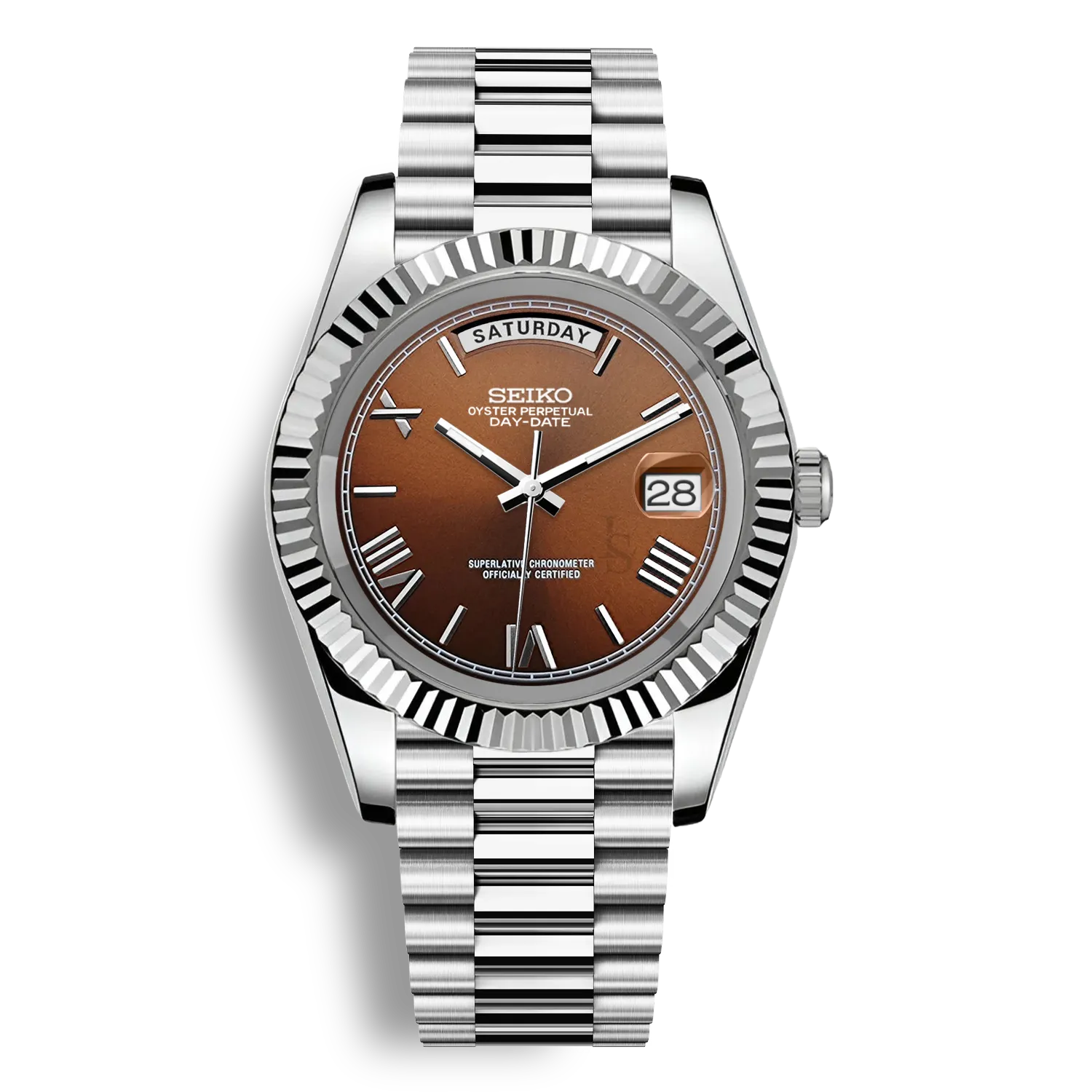 Montre SeikoMod Day Date cadran couleur marron affichant le nom du jour avec bracelet président en acier et mouvement automatique miyota 8285