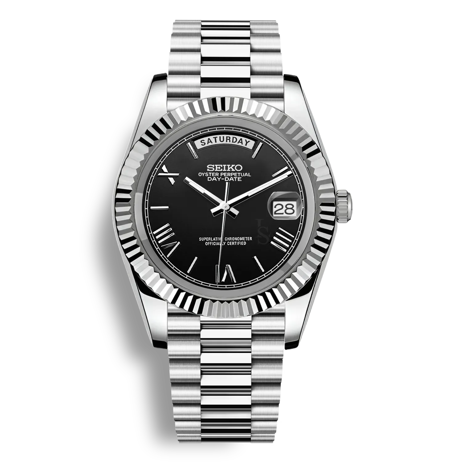 Montre SeikoMod Day Date cadran couleur noir affichant le nom du jour avec bracelet président en acier et mouvement automatique miyota 8285