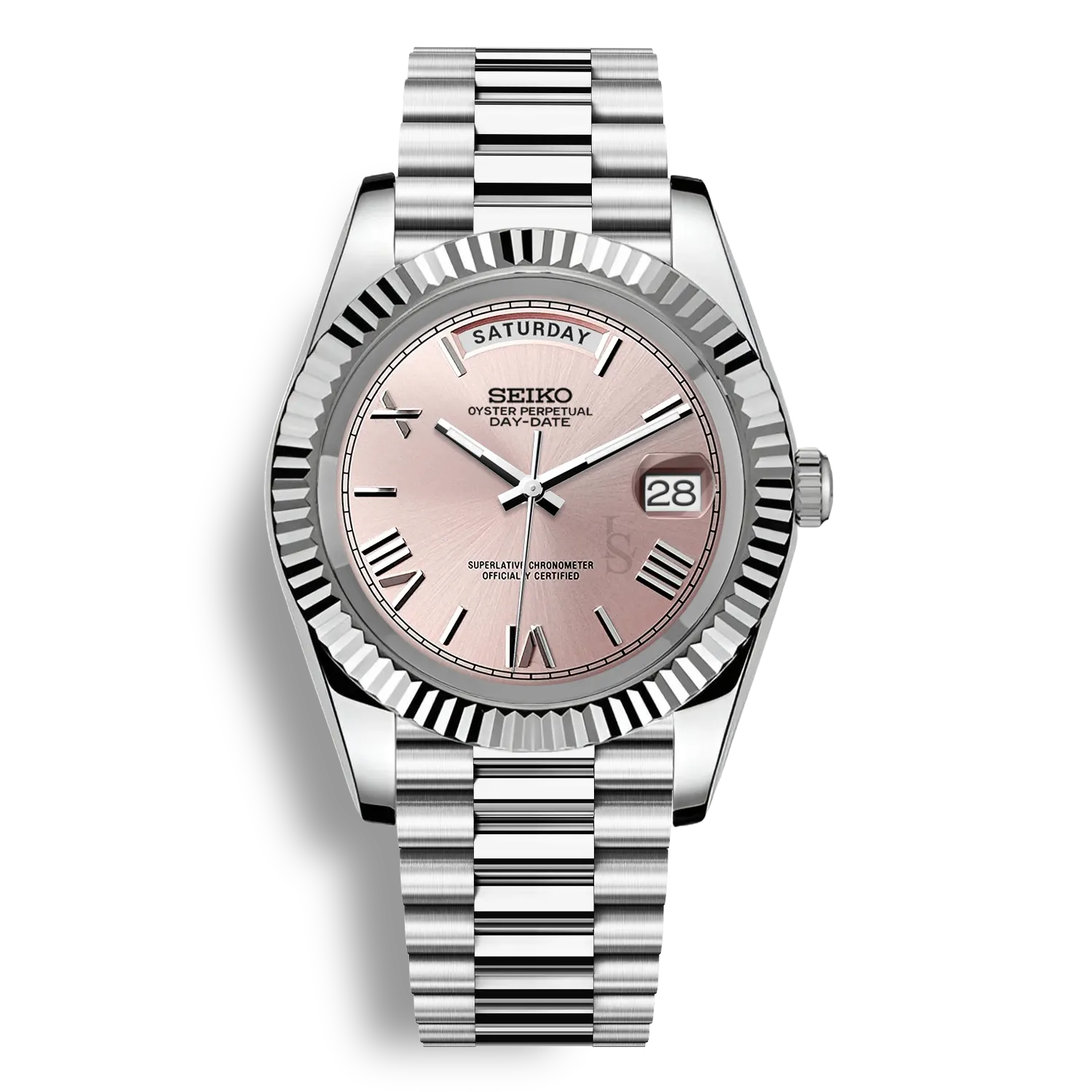 Montre SeikoMod Day Date cadran couleur rose pâle affichant le nom du jour avec bracelet président en acier et mouvement automatique miyota 8285