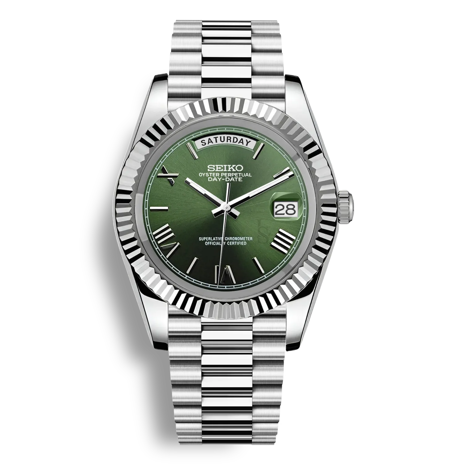 Montre SeikoMod Day Date cadran couleur vert olive affichant le nom du jour avec bracelet président en acier et mouvement automatique miyota 8285
