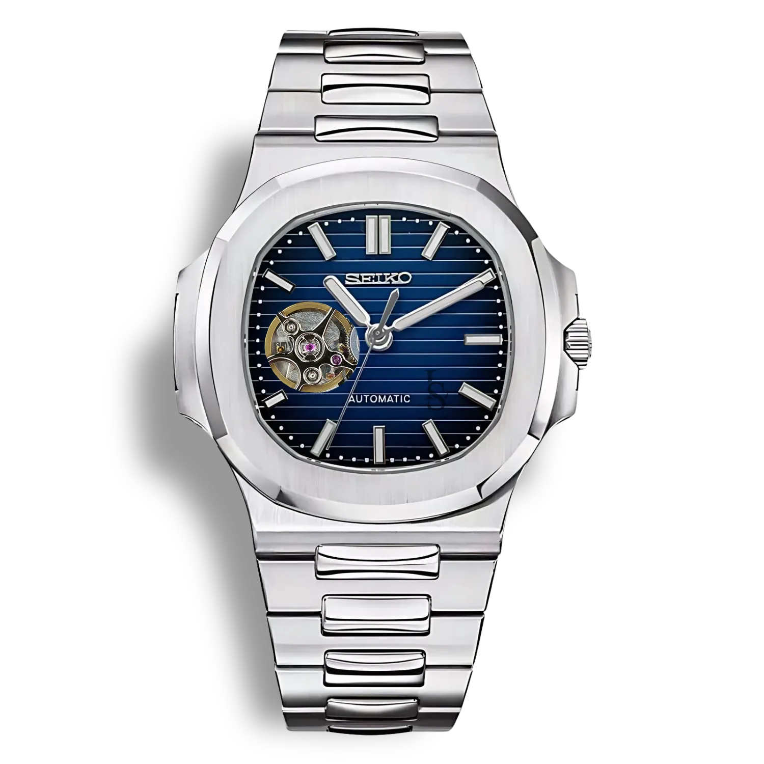 SeikoMod Nautilus Skeleton Bleu - Montre avec mouvement automatique apparent Seiko NH38 et cadran côtelé