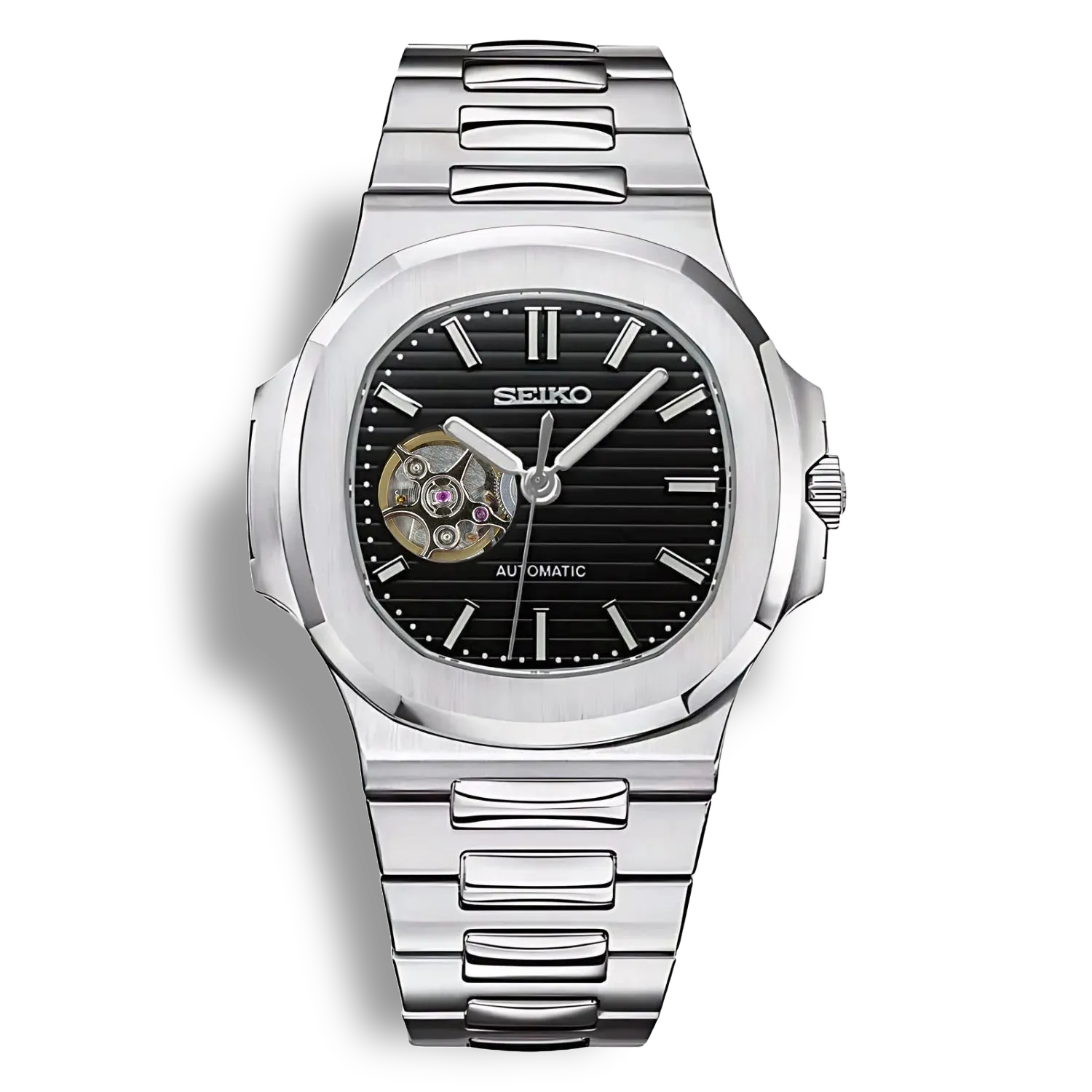 SeikoMod Nautilus Skeleton Noir - Montre automatique avec cadran squelette côtelé et finition élégante en acier inoxydable