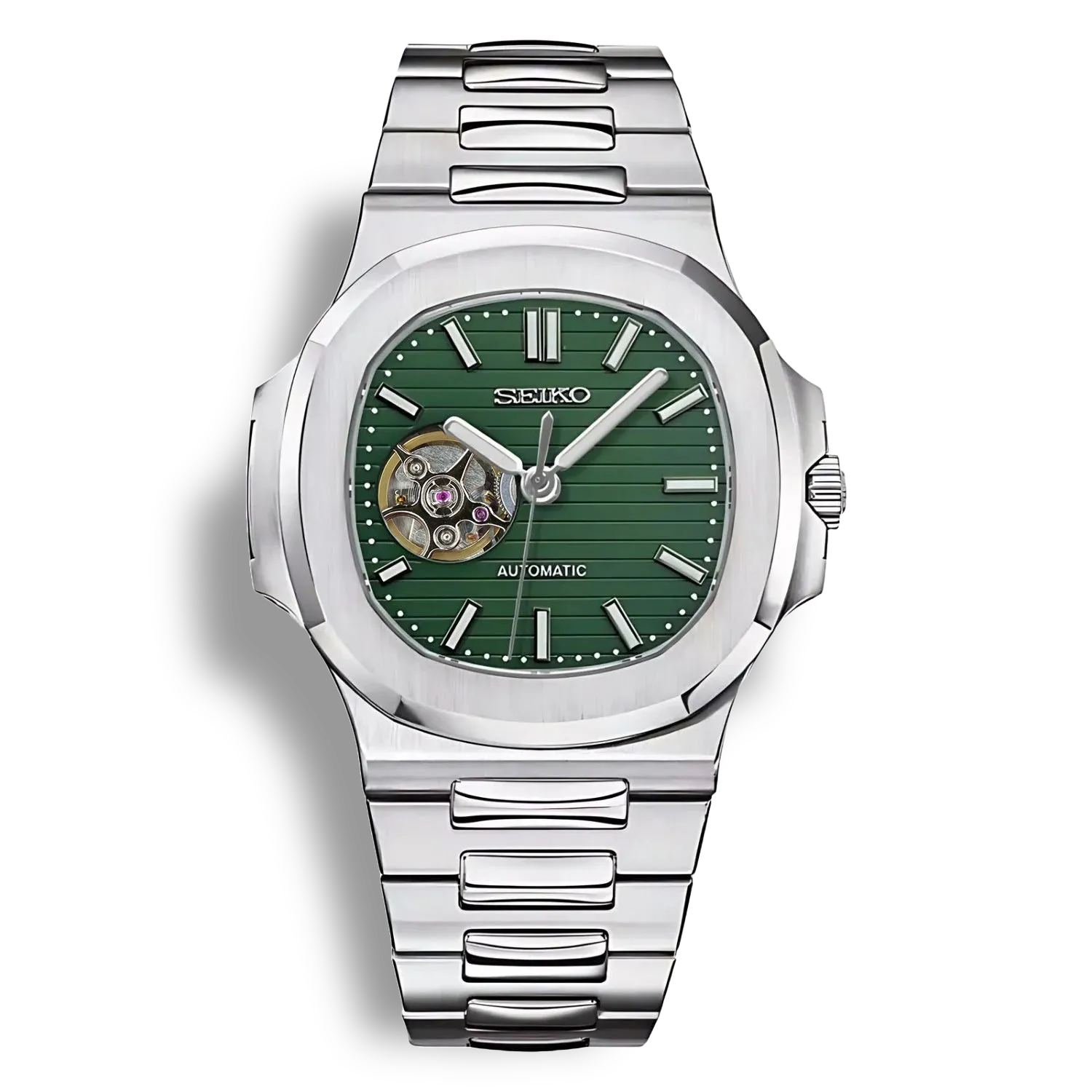 SeikoMod Nautilus Skeleton Vert - Montre avec mouvement automatique visible et cadran squelette vert au design inspiré de la Nautilus