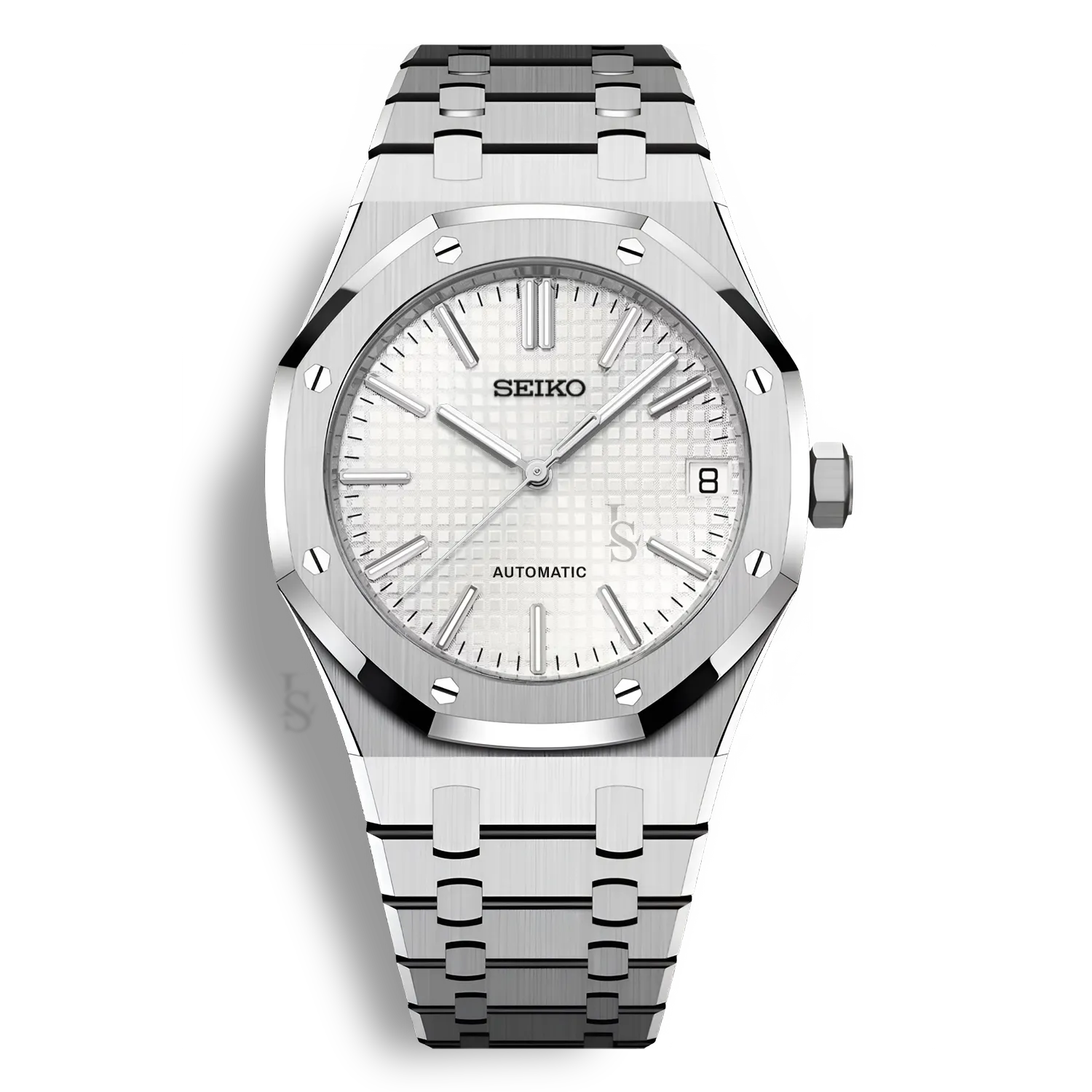Montre Seiko Mod Royal Oak Noir avec cadran blanc équipée du mouvement automatique Seiko NH35 avec un boîtier et bracelet en acier noir inoxydable