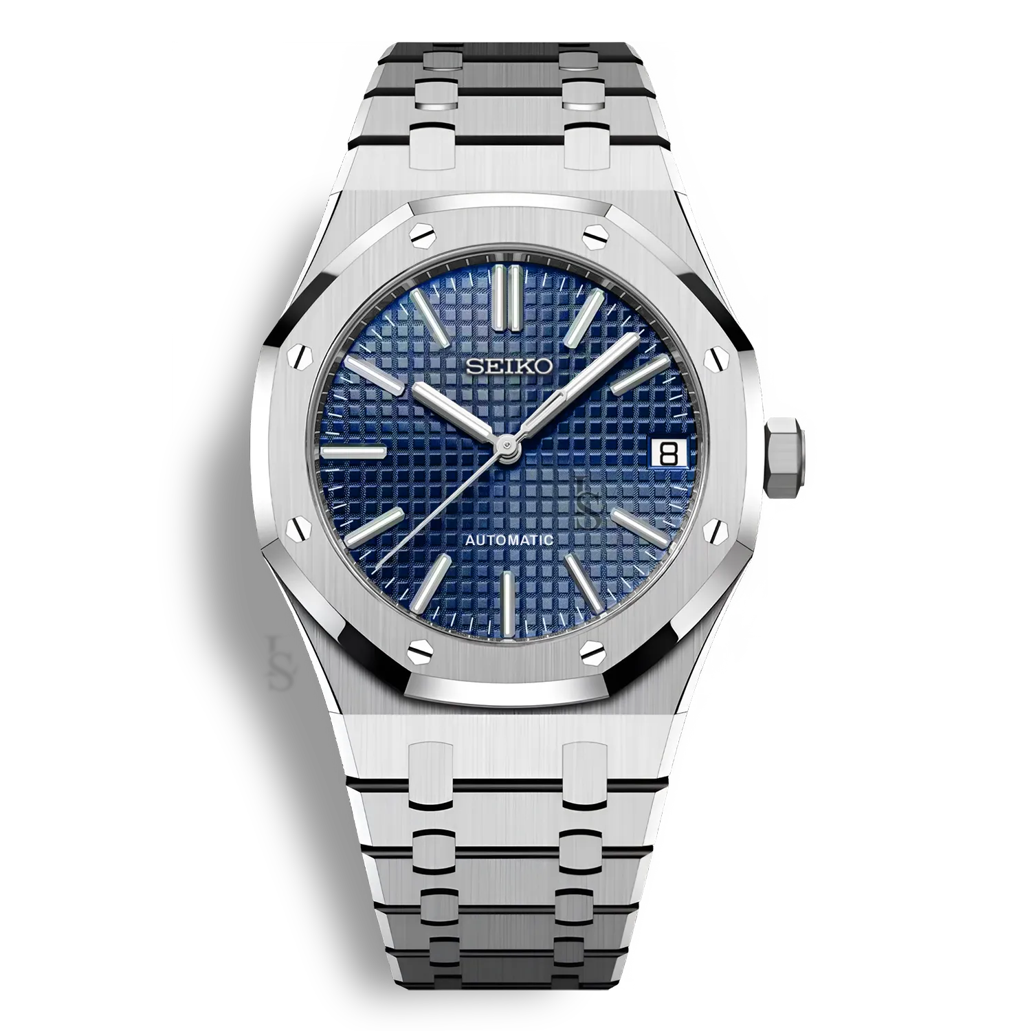 Montre Seiko Mod Royal Oak Noir avec cadran bleu équipée du mouvement automatique Seiko NH35 avec un boîtier et bracelet en acier noir inoxydable