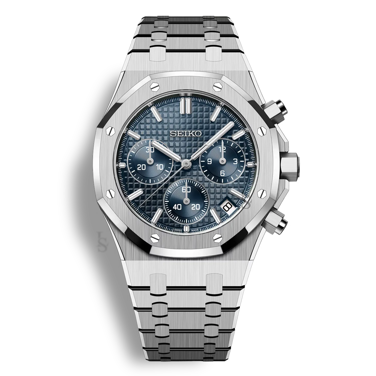 SeikoMod Royal Oak Chronographe cadran bleu tapisserie avec boîtier acier inoxydable 316L et bracelet intégré