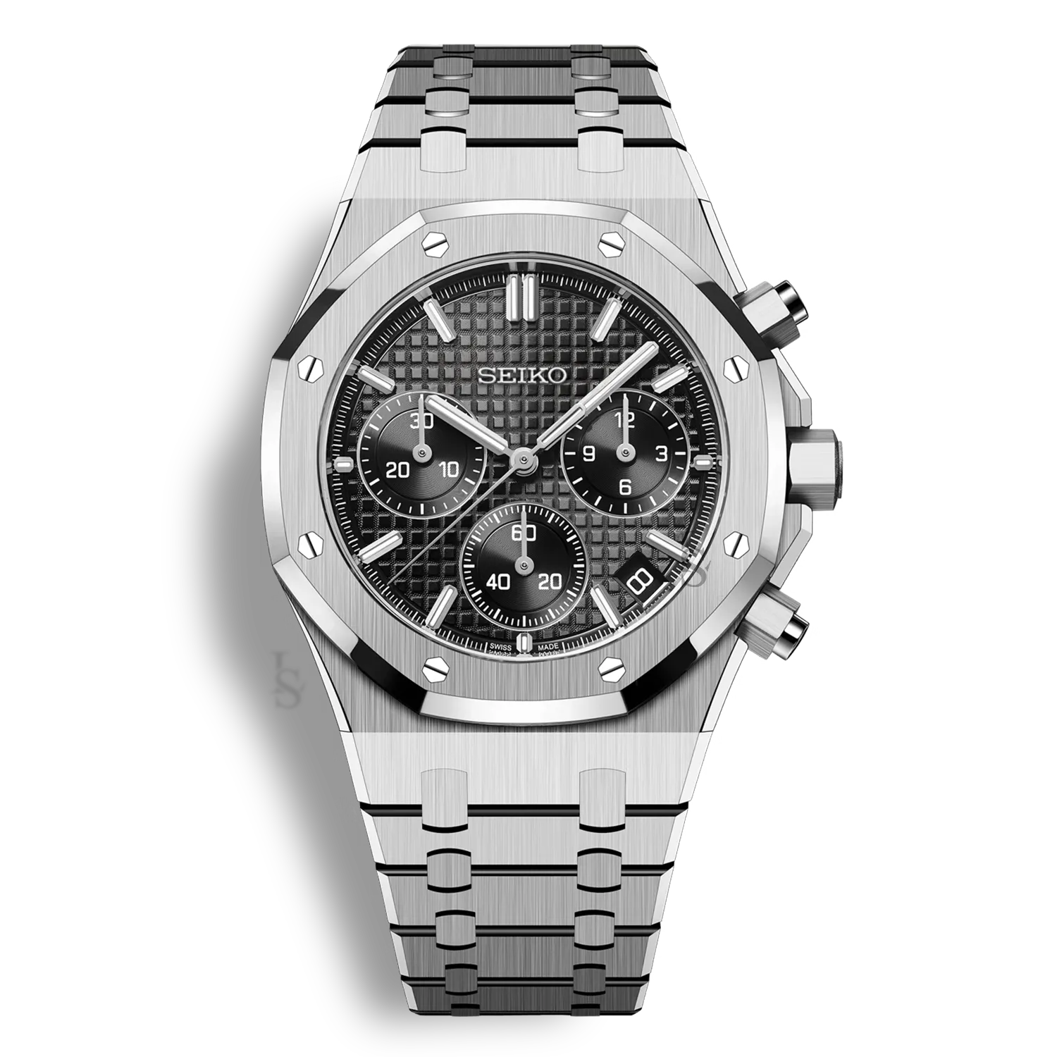 Montre SeikoMod Royal Oak Chronographe noire, cadran tapisserie, mouvement VK63, style sportif et élégant