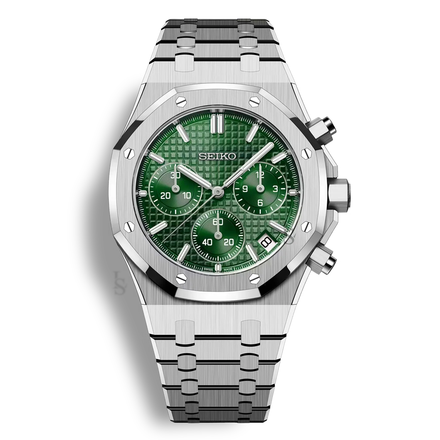 SeikoMod Royal Oak Chronographe cadran vert tapisserie, boîtier acier, design octogonal iconique