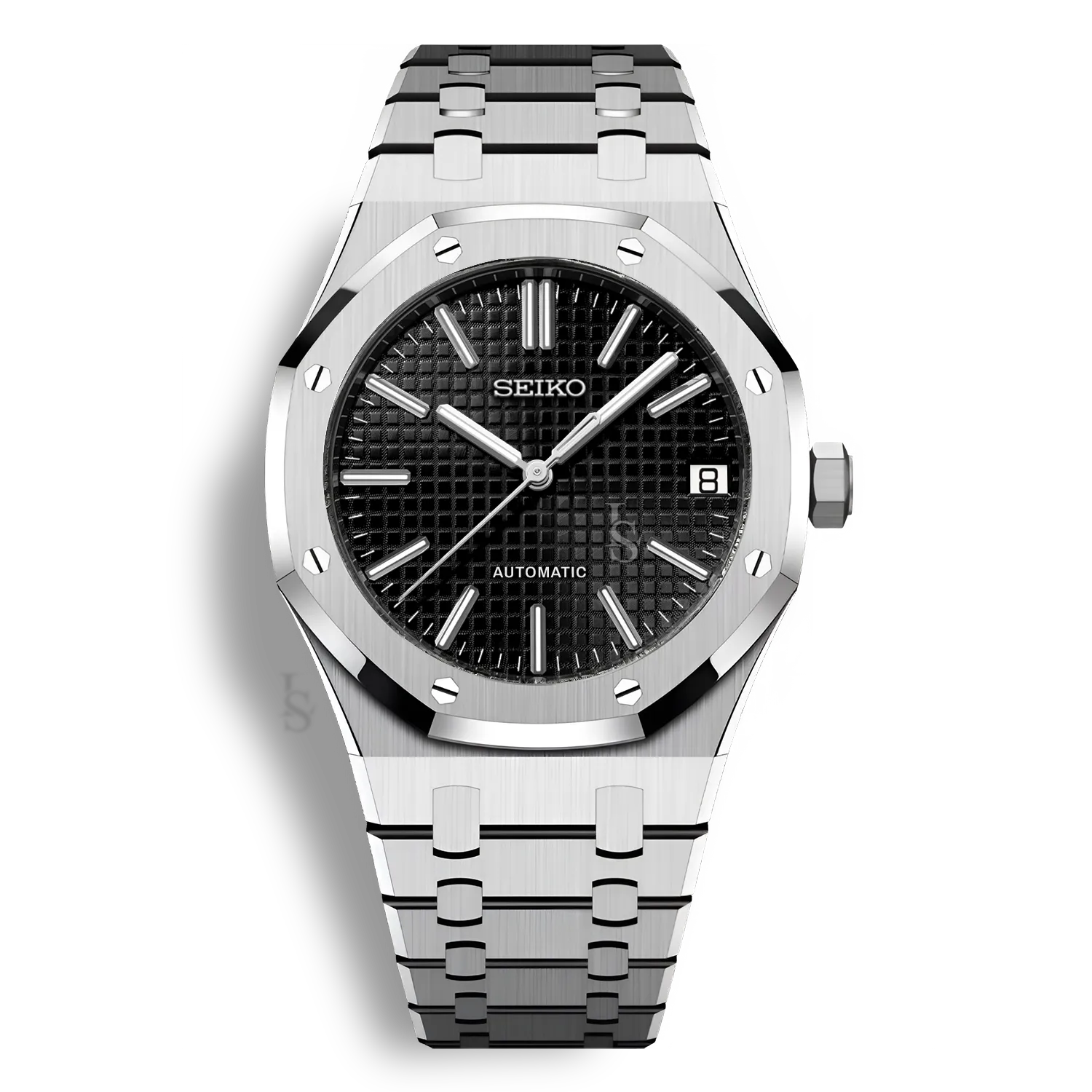 Montre Seiko Mod Royal Oak avec cadran noir équipée du mouvement automatique Seiko NH35 avec un boîtier et bracelet en acier noir inoxydable
