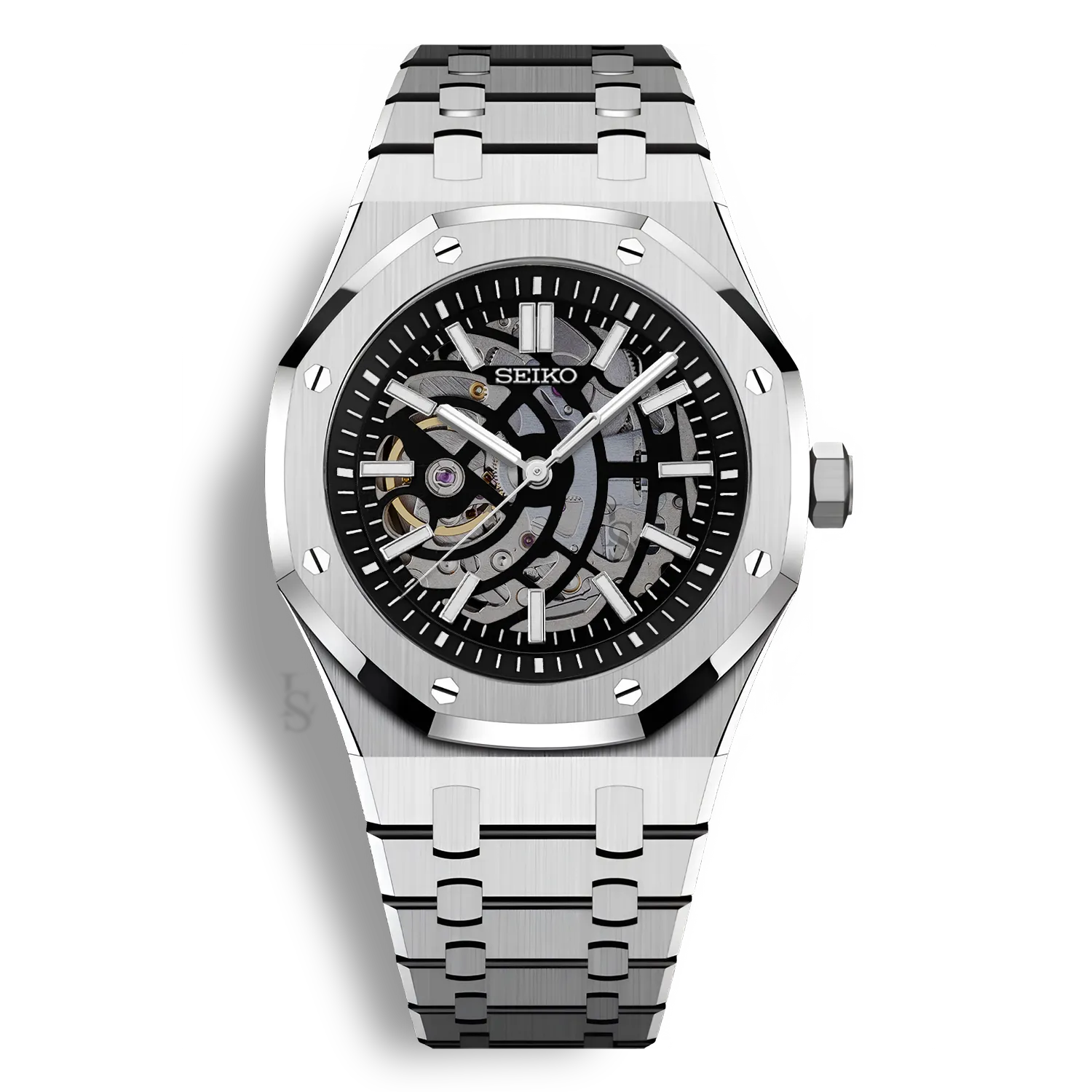 Montre SeikoMod Royal Oak Skeleton cadran squelette noir et boitier 41mm en acier 316L équipé du mouvement automatique Seiko NH70