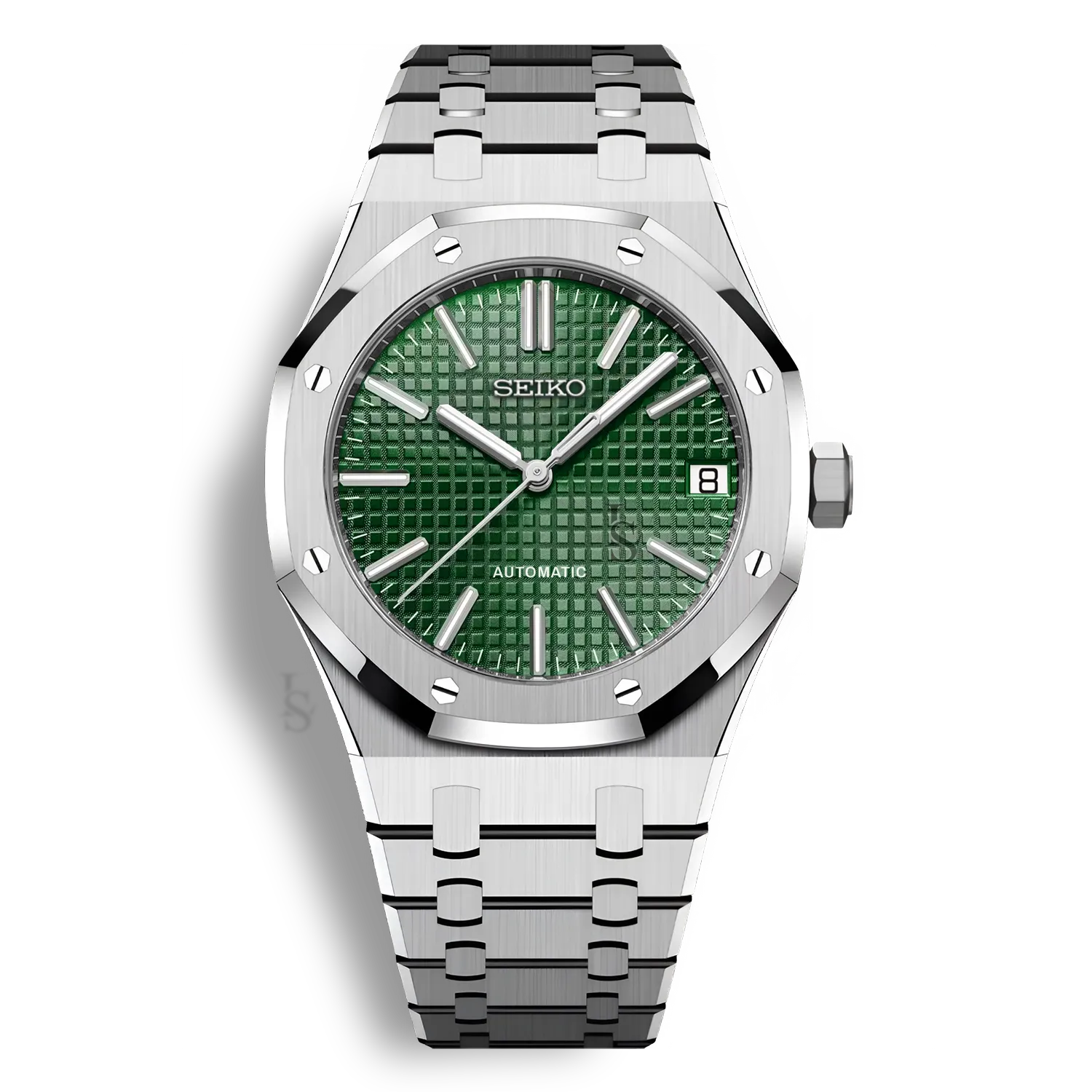Montre Seiko Mod Royal Oak avec cadran vert équipée du mouvement automatique Seiko NH35 avec un boîtier et bracelet en acier noir inoxydable