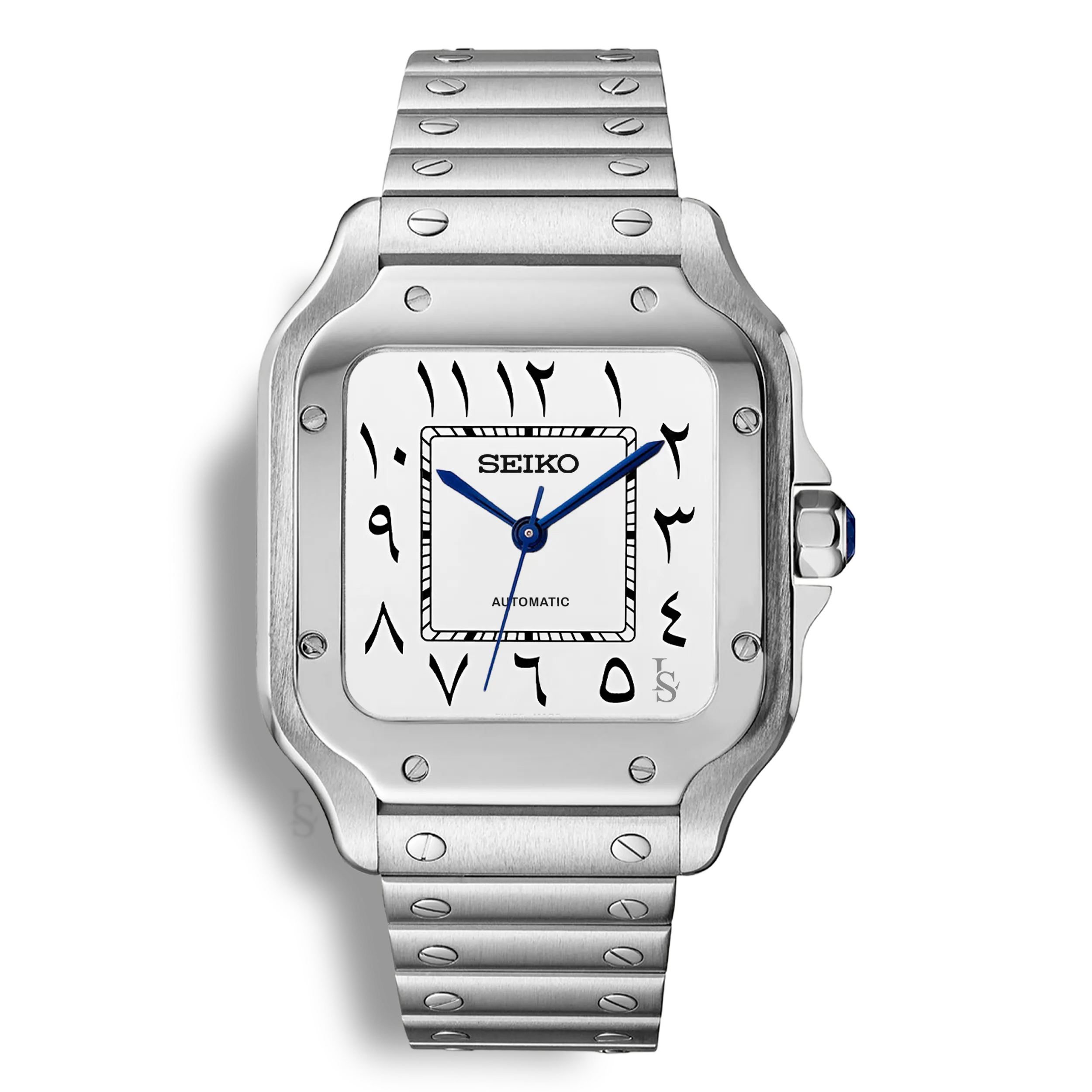 Montre SeikoMod Santos cadran blanc à chiffres arabes noirs et avec des aiguilles de glaive bleues