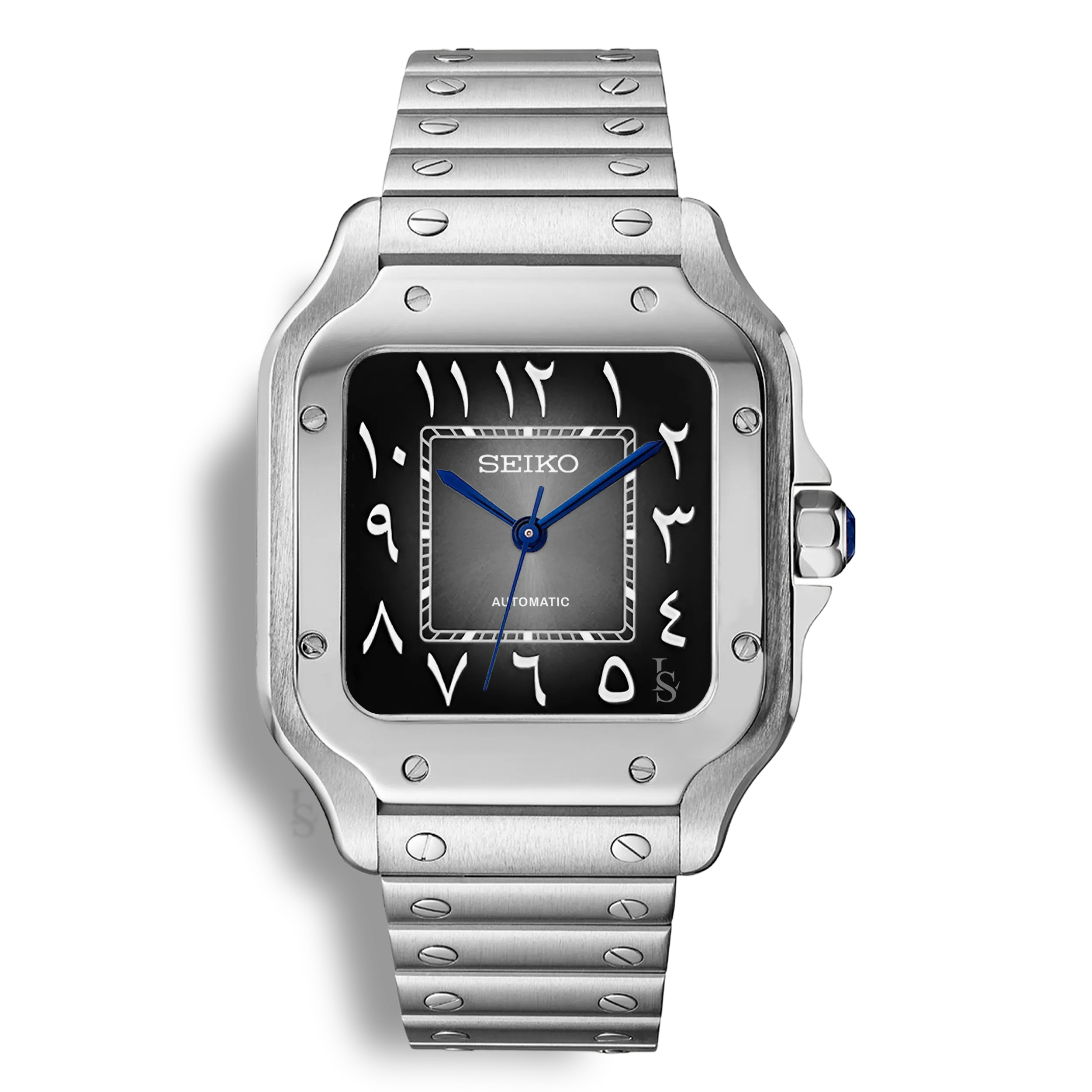 Montre SeikoMod Santos cadran noir et gris soleillé avec chiffres arabes blancs et aiguilles glaive bleues