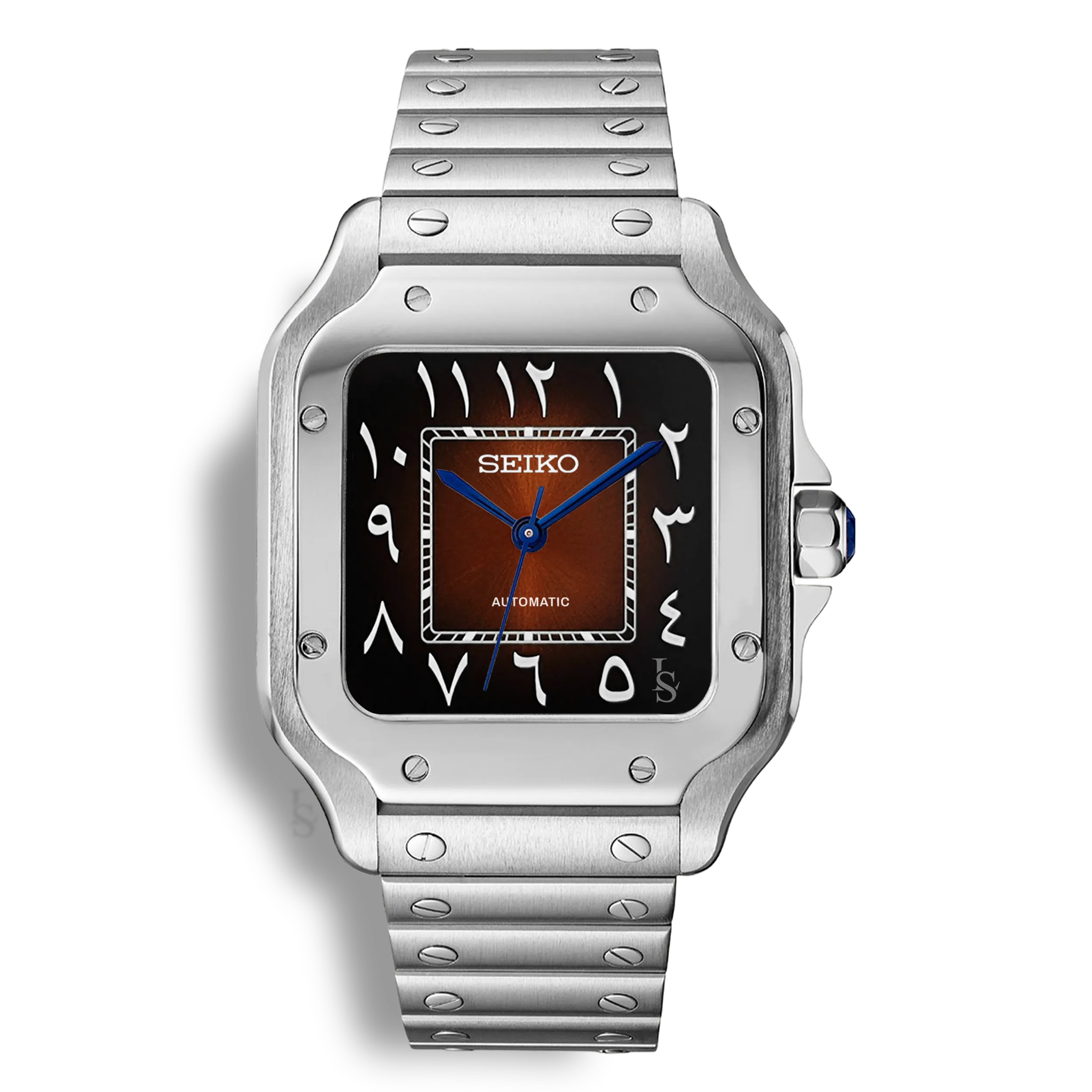 Montre SeikoMod Santos cadran marron soleillé avec chiffres arabes blancs et boitier en acier inoxydable avec bracelet santos intégré