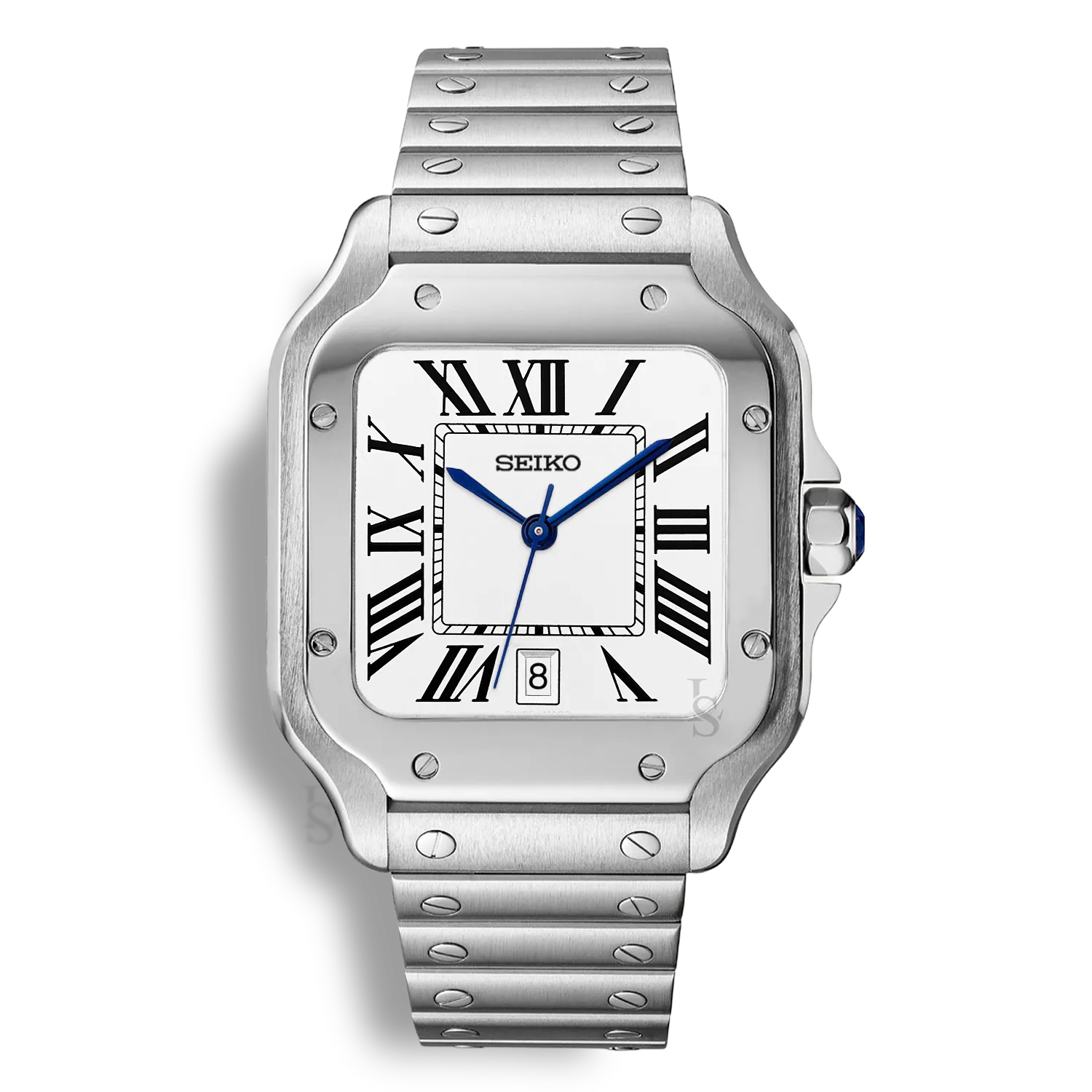 Montre SeikoMod Santos cadran blanc avec affichage de la date et index romains noirs et boitier en acier 316L