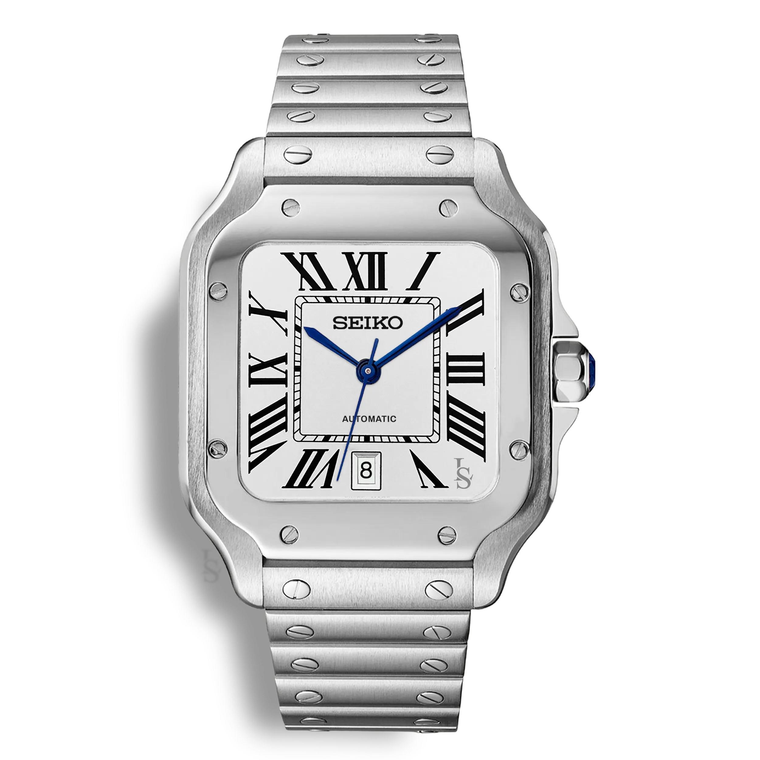 Montre SeikoMod Santos cadran blanc avec affichage de la date et index romains noirs et boitier en acier 316L