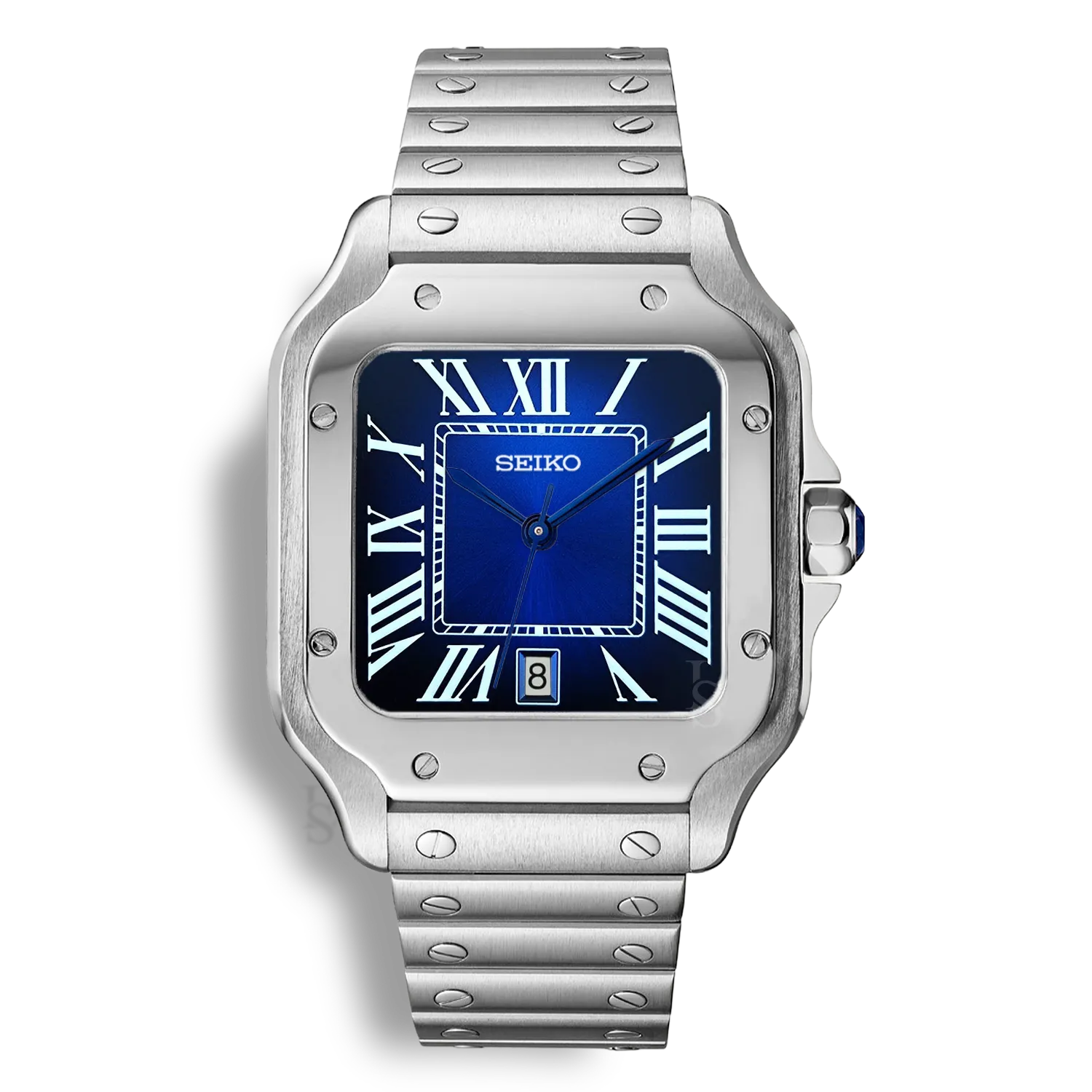 Montre SeikoMod Santos cadran bleu soleillé avec affichage de la date et aiguilles de glaive bleues