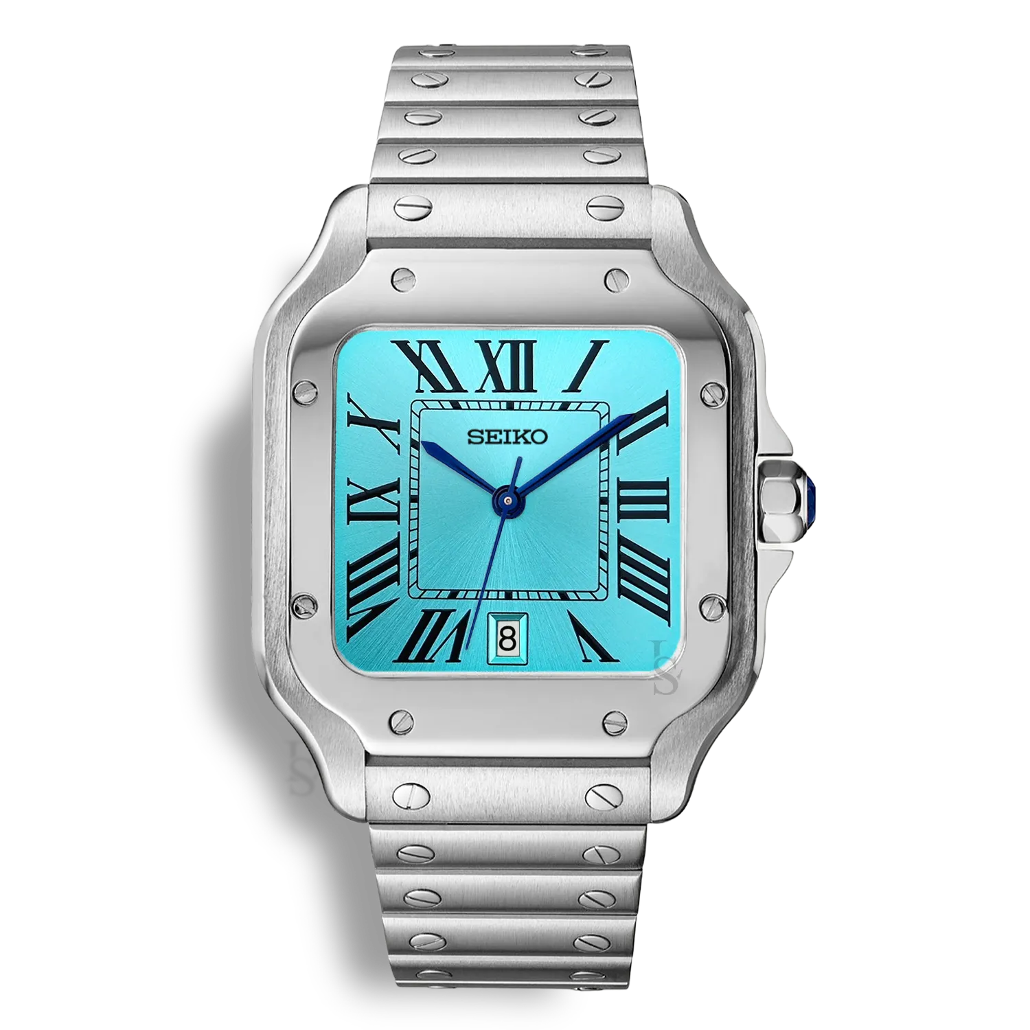 Montre SeikoMod Santos cadran bleu turquoise avec affichage de la date et mouvement automatique Seiko