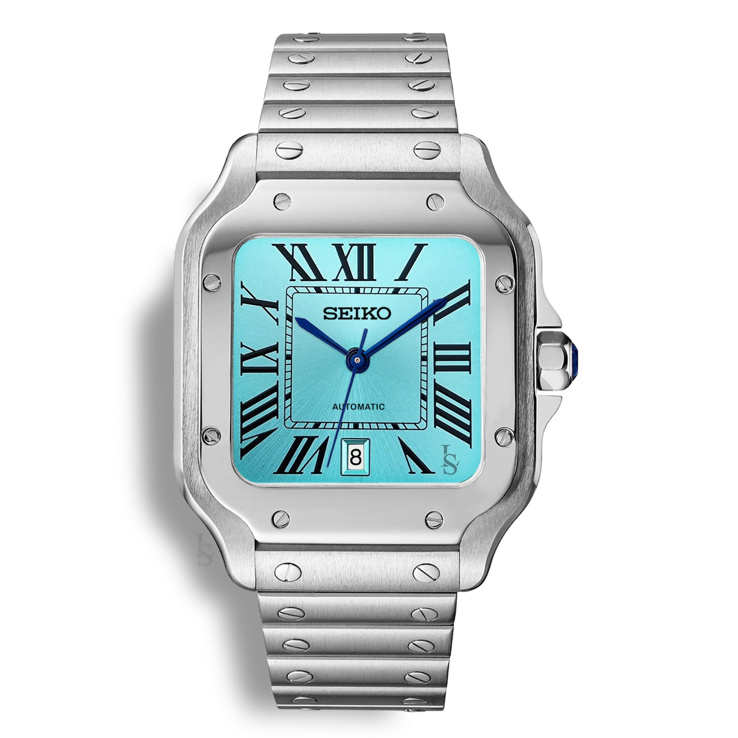 Montre SeikoMod Santos cadran bleu turquoise avec affichage de la date et mouvement automatique Seiko