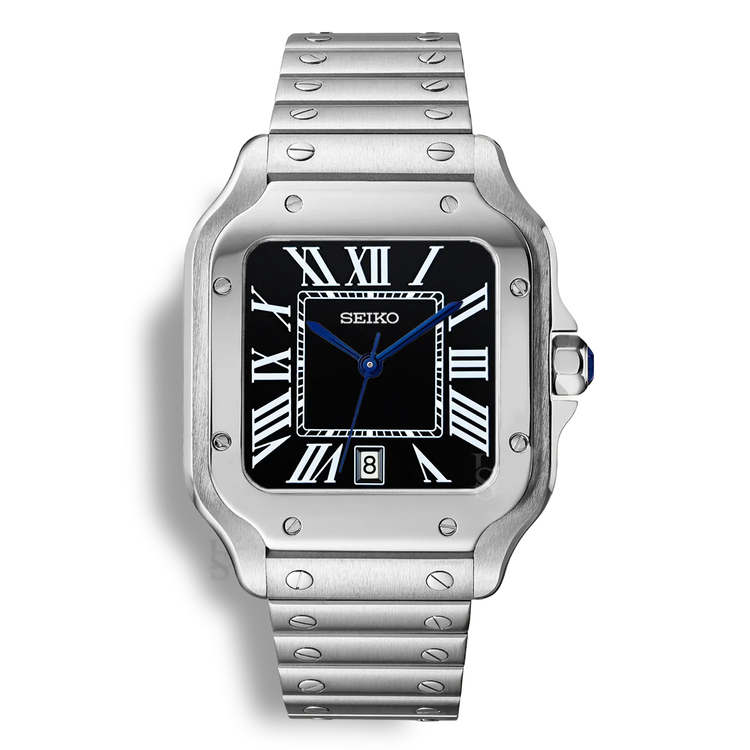 Montre SeikoMod Santos cadran carré noir avec affichage de la date et boitier en acier inoxydable santos
